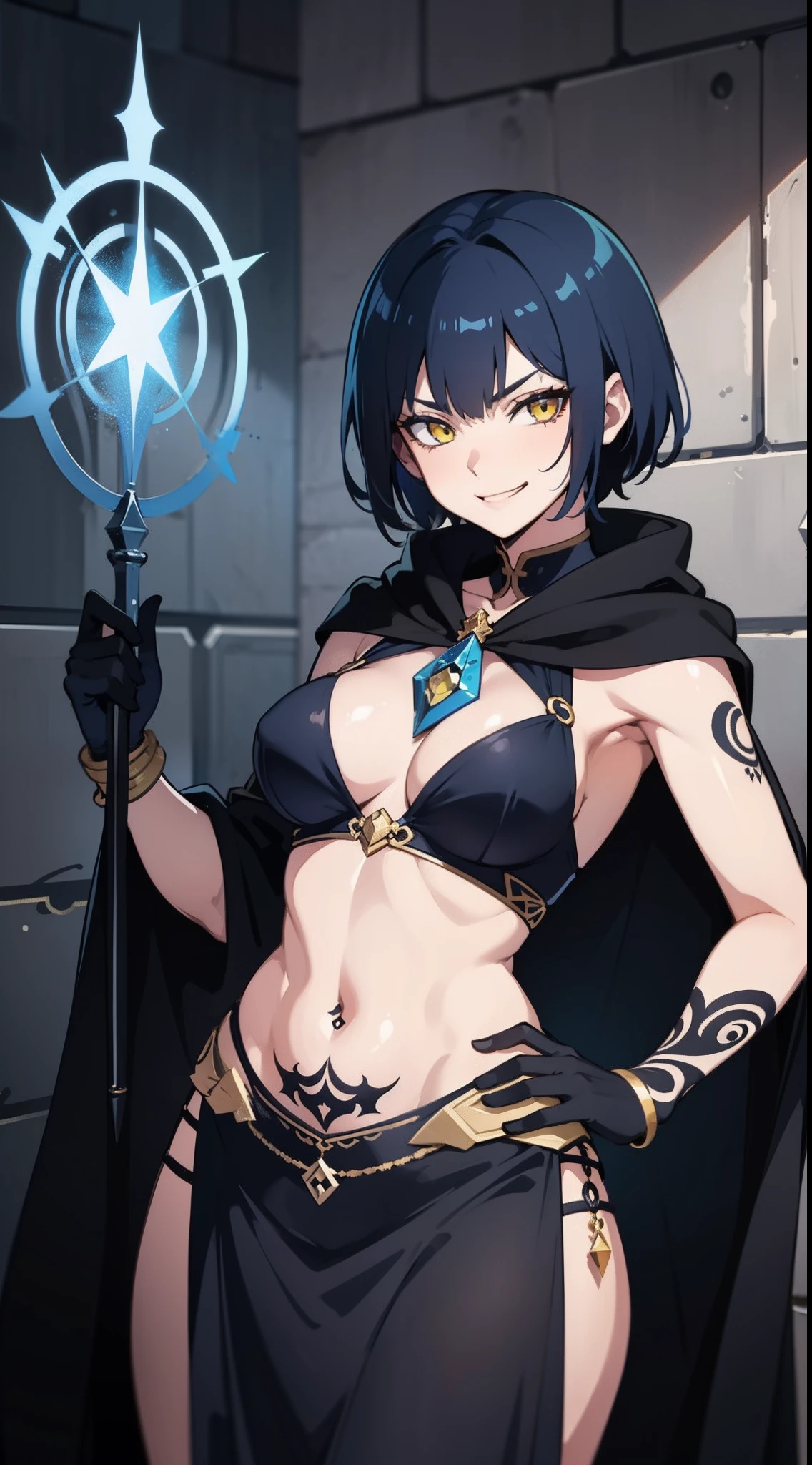 Adult woman, Short blue hair, Yellow eyes, tattoo, Dark magic dress, Sleeveless, open belly, open breasts, cloak, smirk, Masterpiece, hiquality