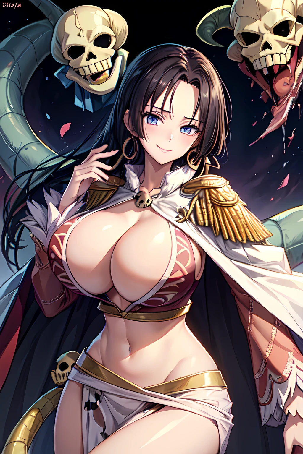 masterpiece, 1girl, huge boobs, nvdiboya,skull_snake,cape, crop top, epaulettes, midriff,light smile,sexy,best quality