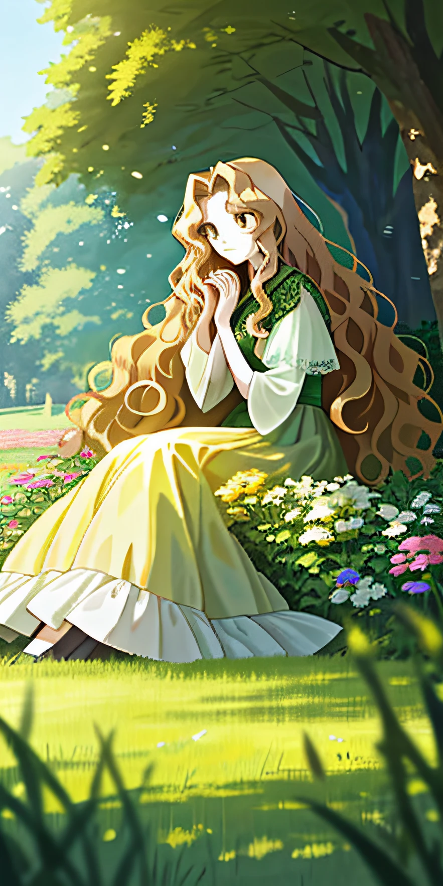 Two-dimensional girl，Long pale yellow with large wavy hair，Sit on a lawn full of greenery and flowers，holding chin in hand，Look into the distance