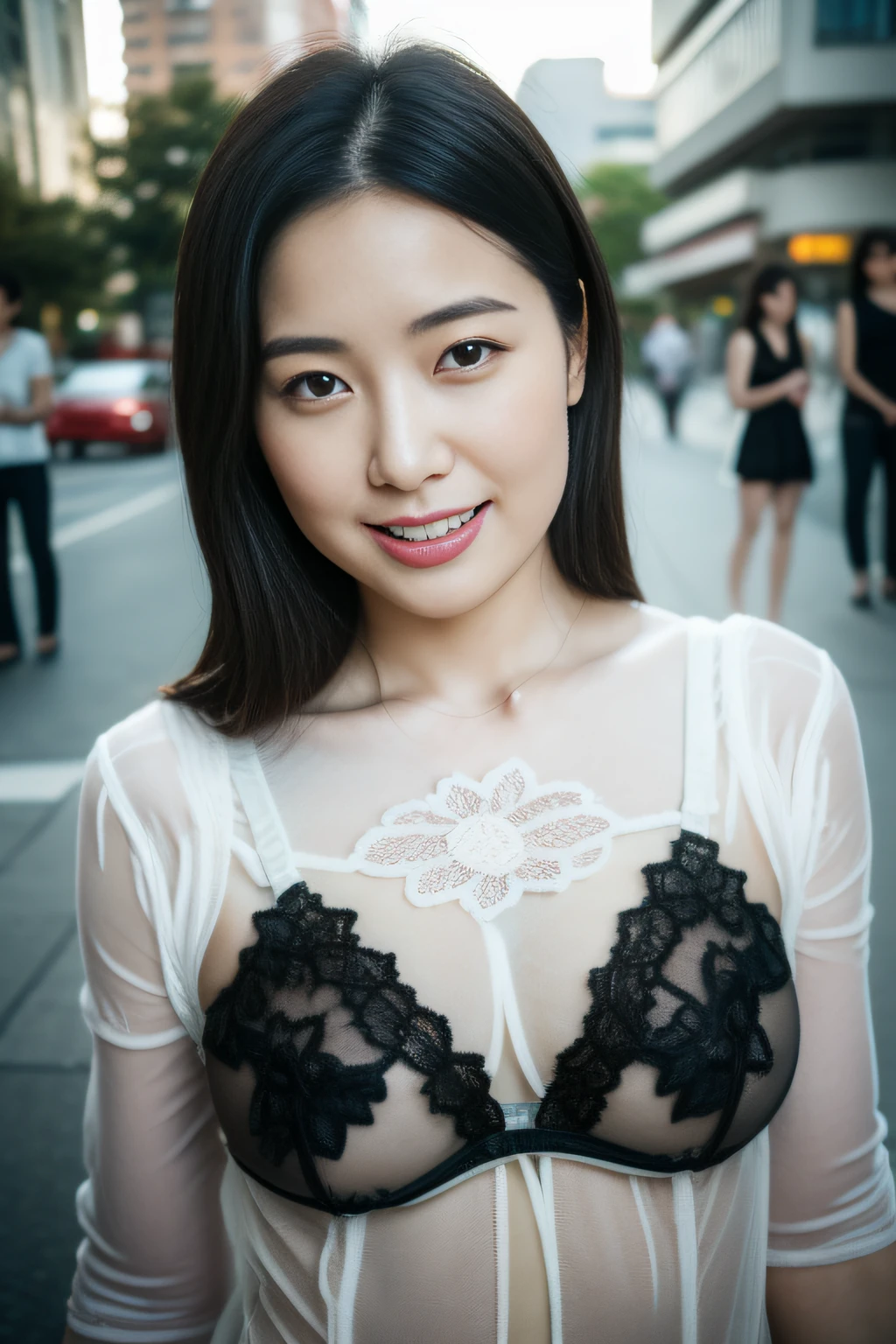 (Three-point garter set_Hot sexy ultra-thin dark breast-showed lace sheer quarter cup bra:1.3),A little ugly face,Beautie,Seductive smile、naughty expression、Heavy breathing,Full body shot, masutepiece, Best Quality, (Photorealistic:1.4), a photography of a beautiful woman, 3 point perspective, Smiling, Perfect face, Detailed face.(standing nipple:0.8),(Outdoor photography_On the streets of the city:1.2)、Daytime,