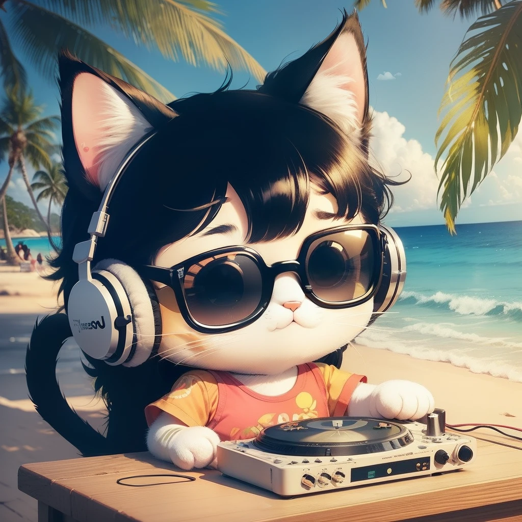 Cute stickers Cat DJ in glasses and headphones Tropical juices Tropical Beach Retro Classic simple line art 3〜5Stickers for seniors