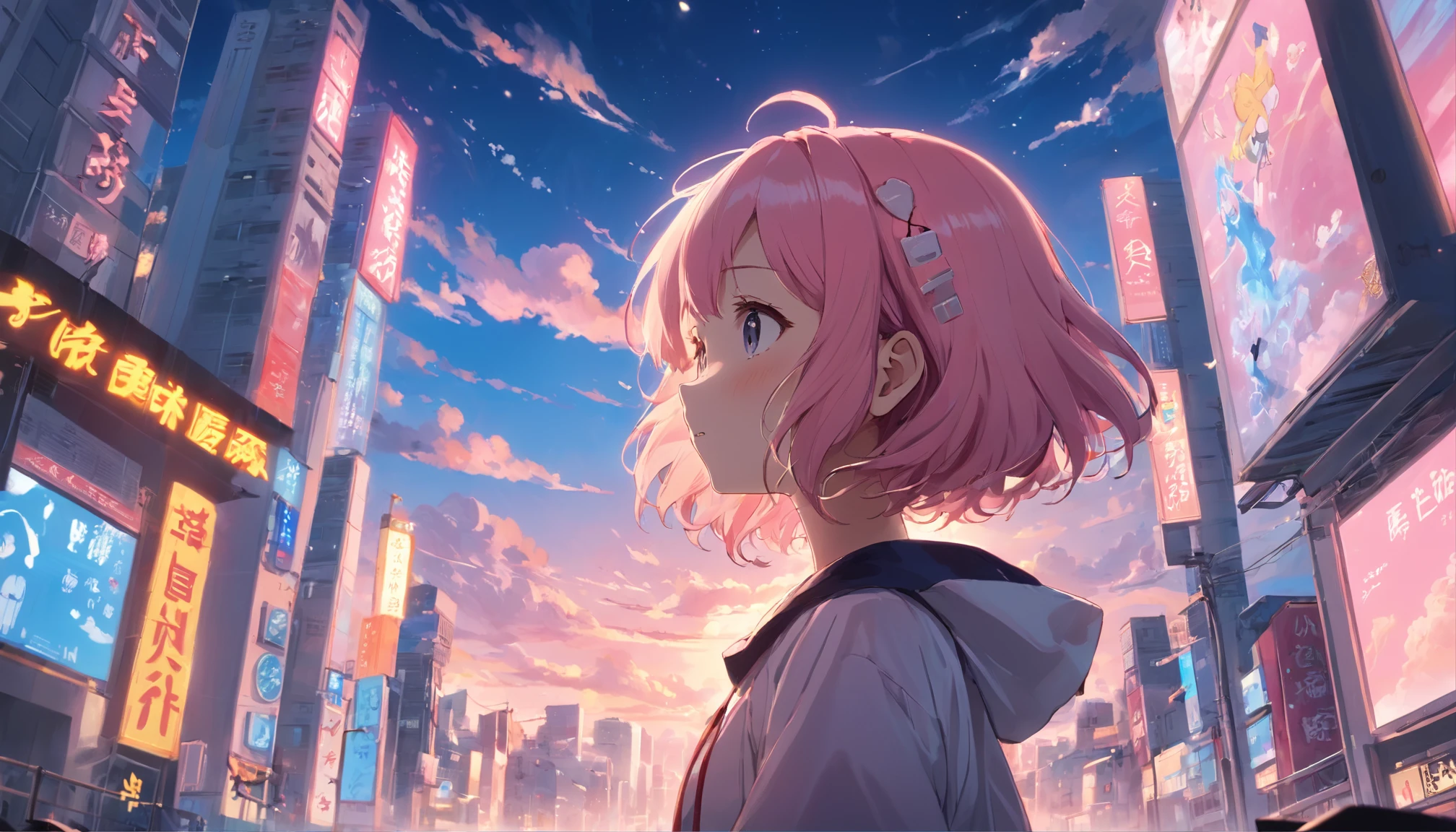 ​masterpiece、top-quality、Movie stills、1girl、Cloud Girl、floating in sky、pink shorth hair、headphones、with light glowing、happiness、Warm soft lighting、Sunset in the city、(Spark:0.7)