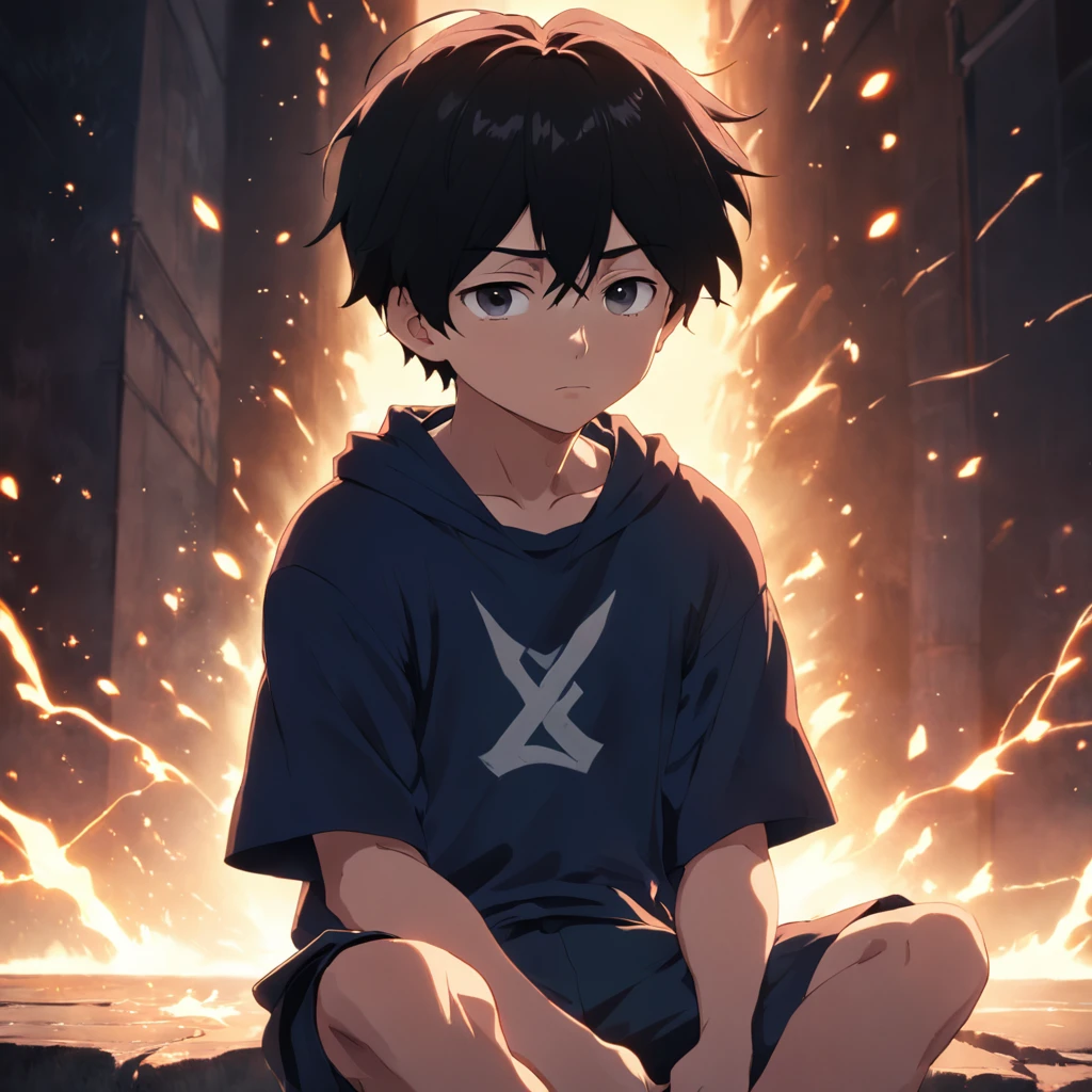 Masterpiece, Best quality, cinematic Film still from, 1boy boy, , Close-up, Bright, cheerfulness, Warm and soft lighting, Daytime, (spark of light:0.7), (AS-Young:1.7), (1boy:1.8), (Male focus:1.2), (Cute:1.7) Shigeo Kageyama, , view the viewer, Sitting down, Sad,front poses,sitted