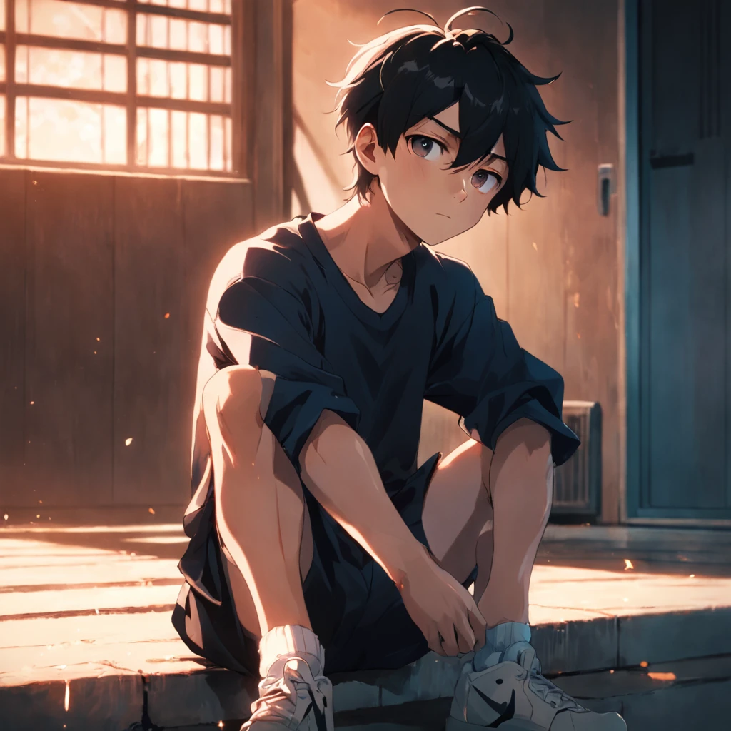 Masterpiece, Best quality, cinematic Film still from, 1boy boy, , Close-up, Bright, cheerfulness, Warm and soft lighting, Daytime, (spark of light:0.7), (AS-Young:1.7), (1boy:1.8), (Male focus:1.2), (Cute:1.7) Shigeo Kageyama, , view the viewer, Sitting down, Sad,front poses,sitted
