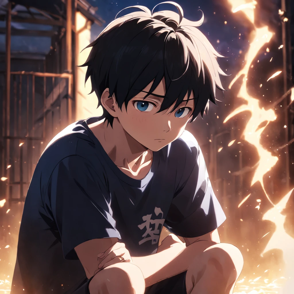 Masterpiece, Best quality, cinematic Film still from, 1boy boy, , Close-up, Bright, cheerfulness, Warm and soft lighting, Daytime, (spark of light:0.7), (AS-Young:1.7), (1boy:1.8), (Male focus:1.2), (Cute:1.7) Shigeo Kageyama, , view the viewer, Sitting down, Sad,front poses,sitted