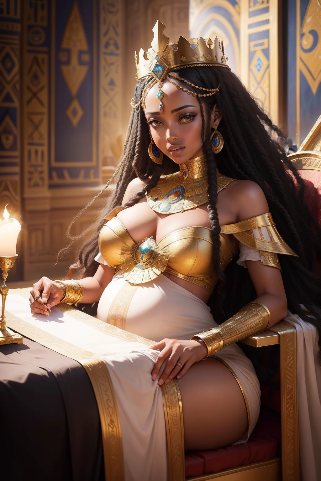 The Royal Birth: Visualize the scene of attendants and advisors from both Ethiopia and Israel gathering with expressions of joy and anticipation as a pregnant Queen Abeba Alemayehu giving birth to Menelik in a grand chamber within her palace. The room is adorned with Ethiopian motifs and rich fabrics, stunning ethiopian queen, egyptian queen, beautiful goddess, gorgeous woman, ancient queen of sheba, ethiopian queen, a beautiful fantasy empress, young goddess together with brown skin man egyptian king, a portrait of the character, detailed character portrait, character painting, beautiful character painting, beautiful androgynous king, male artificer, stunning character art.