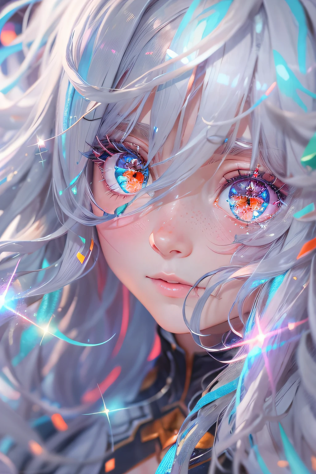 Silver hair, hair between eye, Long hair, hair over shoulders, aqua eyes, Red eyes, pupils sparkling, Blush, Scared, Nervous, flustered, anaglyph, Atmospheric perspective, stereograms, god light, Ray tracing, Sparkle, first person perspective, Close-up, 8K, Super detail, ccurate, Best quality