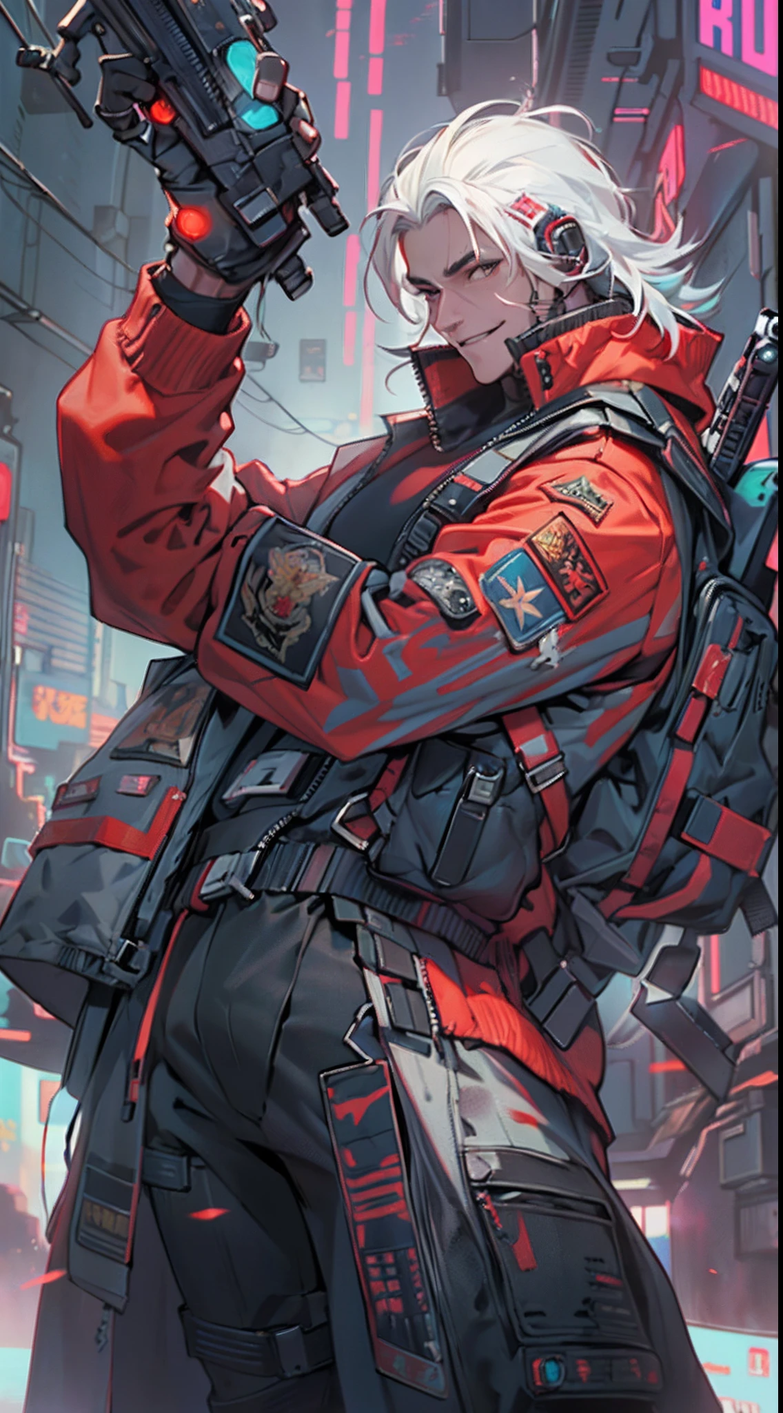 (1 Handsome Man)、(Very huge muscles)、(Unusually large muscles)、(Red cyberpunk military uniform all over the body:1.5)、(White hair)、(White eyes)、(Cyberpunk helmets)、(30-years old)、(confident grin:1.2)、(Dark hair)、(Top image quality)、(8K picture quality)、(masutepiece)、(Full body photo:1.3)、cinematric light, Cinema Shadow, Sharp Image, Extremely detailed,、beautiful effects, Muted colors, Highly detailed image textures, detailed hairs, Detailed face, Detailed eyes, Full body photo, (Red aura emanating from clothes:1.5)、Highly detailed image textures, detailed hairs, Detailed eyes、