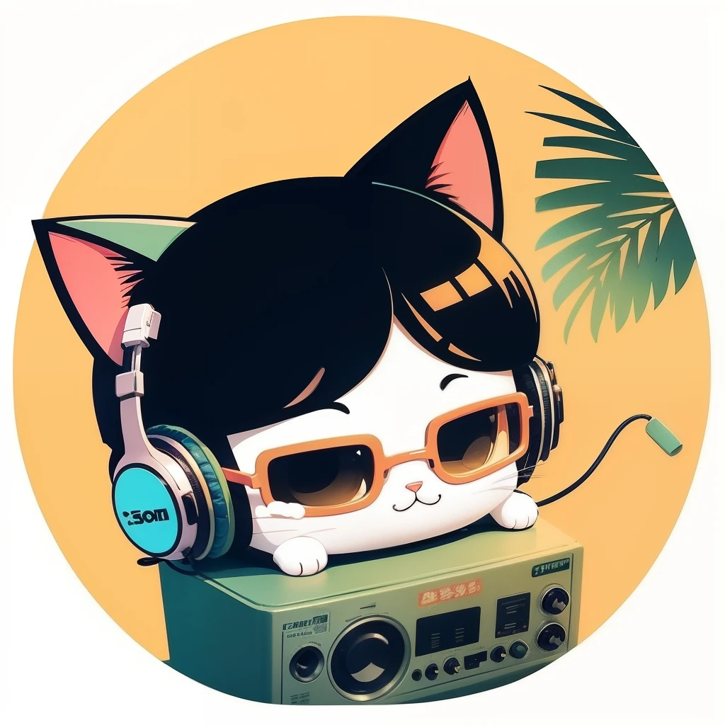 Cute stickers Cat DJ in glasses and headphones Tropical juices Tropical Beach Retro Classic simple line art 3〜5Stickers for seniors