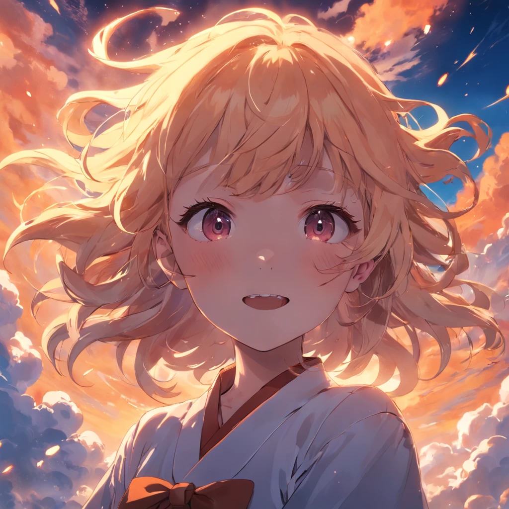 masterpiece, best quality, movie still, 1girl, cloud girl, floating in the sky, close-up, bright, happy, warm soft lighting, sunset, (sparks:0.7)