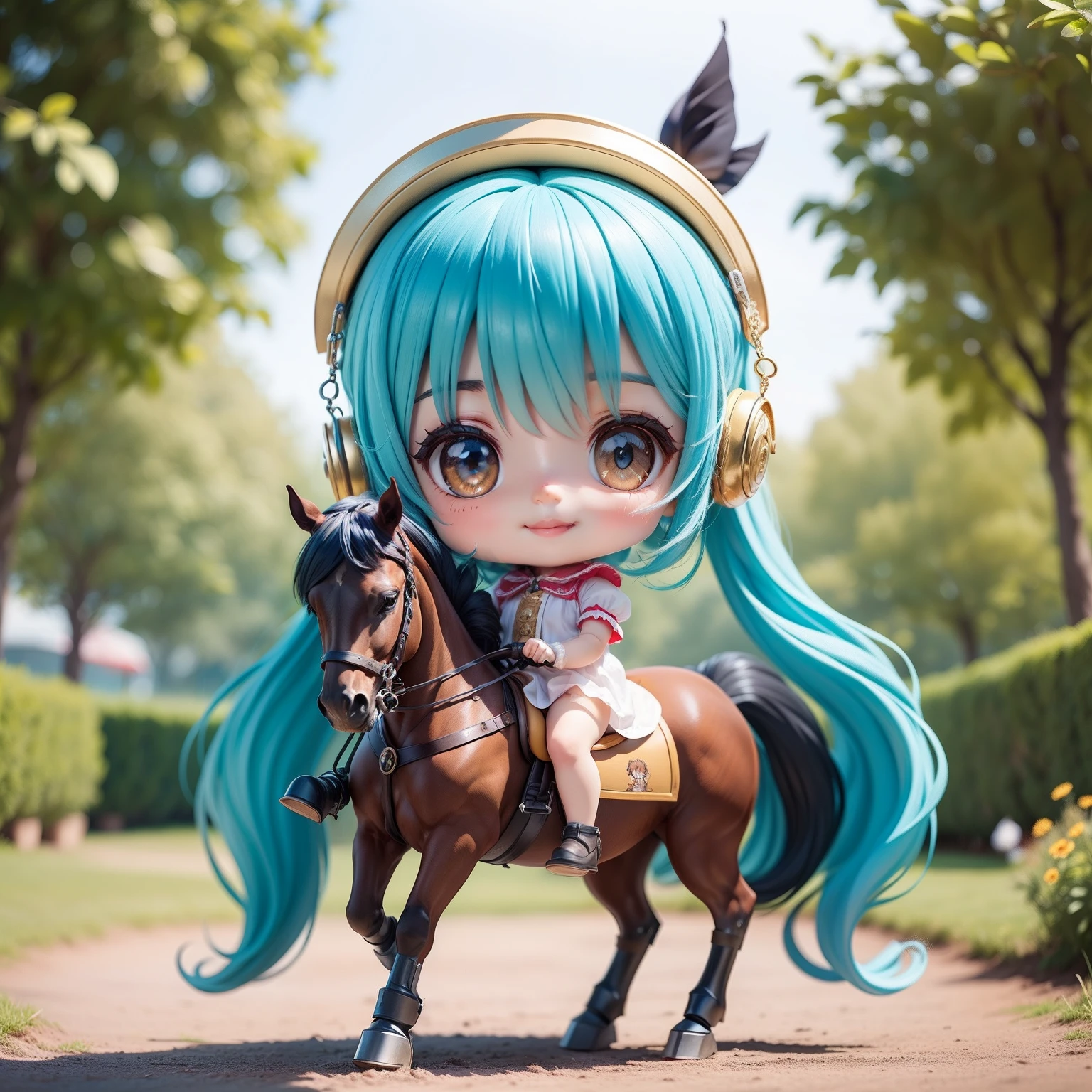 Cute  Chibi Anime,（（（Super masterpiece、top-quality、ultra-detailliert、1 girl in、Chibi：1.5）））、Fashionable Chibi、outside of house、(ride on the horse:1.3)、(ride horse🏇🏇🏇:1.2)、The best smile、Looking at the camera、A detailed face、highdetailskin、Aqua Blue Sauvage Hair、Steppe in fairytale land（Chibi：1.4）