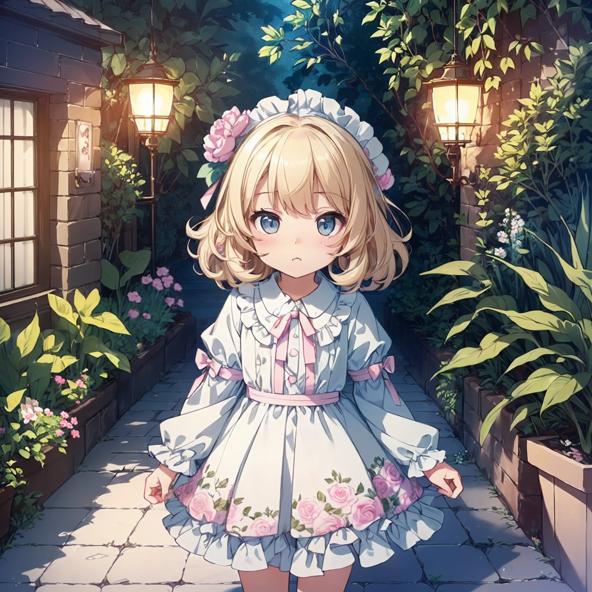 (masterpiece:1.2), (artwork:1.3), (amazing art:1.4), (best illustrator artist:1.3), (best luminosity), (best ultra-detailed, ultra-realistic, ultra-illustrated graphic:1.5), (chibi-cute+kawaii style:1.5) (kawaii cute best), (cute kawaii:1.2) 0.3), a cute  girl with short blonde hair, bright bright pearly pearly blue eyes bioluminescent luminecent, wearing a cute pink dress with fluffy ruffles,  in one (extremely detailed CG unit wallpaper:1.8), of a very beautiful garden with amazing flowers in a beautiful and well-illustrated painting, cinematic lighting of cinema studios Paramount and Wit. 0.8]