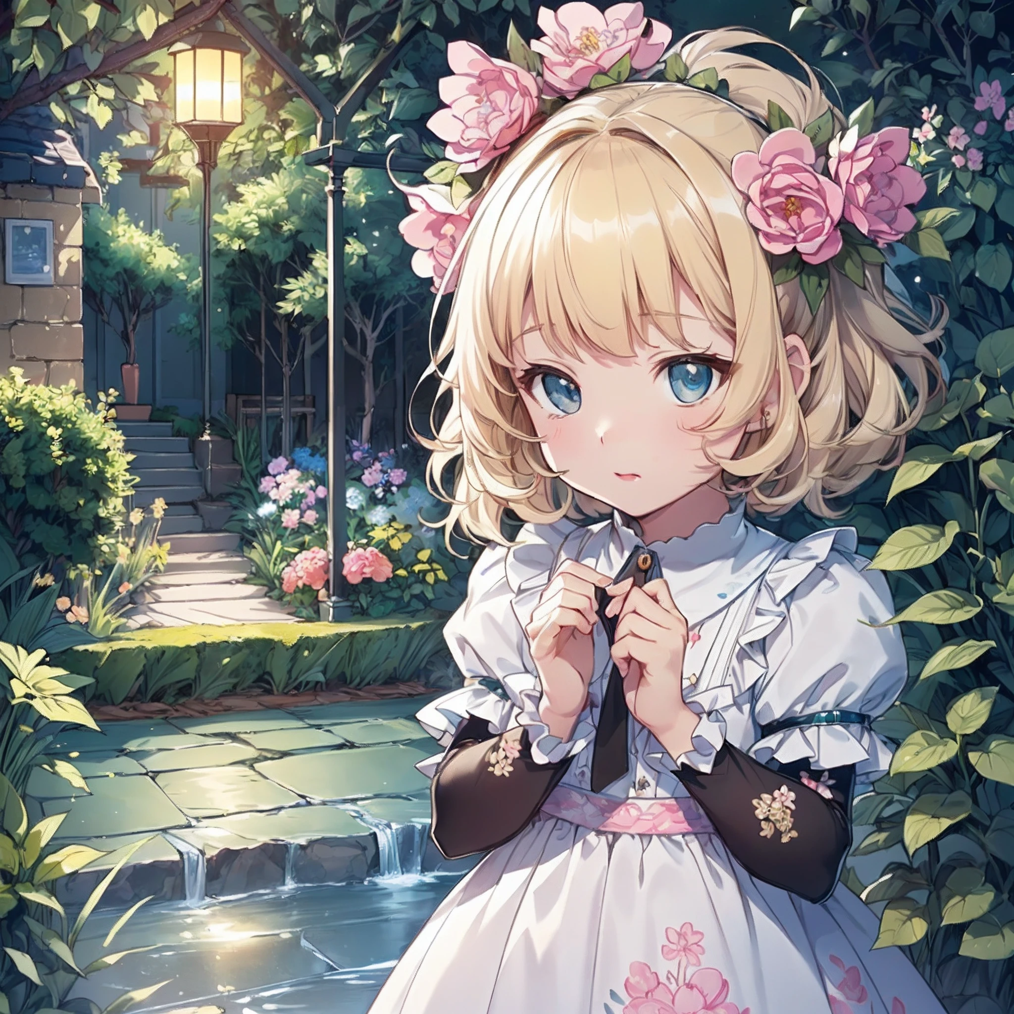 (masterpiece:1.2), (artwork:1.3), (amazing art:1.4), (best illustrator artist:1.3), (best luminosity), (best ultra-detailed, ultra-realistic, ultra-illustrated graphic:1.5), (chibi-cute+kawaii style:1.5) (kawaii cute best), (cute kawaii:1.2) 0.3), a cute little girl with short blonde hair, bright bright pearly pearly blue eyes bioluminescent luminecent, wearing a cute pink dress with fluffy ruffles,  in one (extremely detailed CG unit wallpaper:1.8), of a very beautiful garden with amazing flowers in a beautiful and well-illustrated painting, cinematic lighting of cinema studios Paramount and Wit. 0.8]