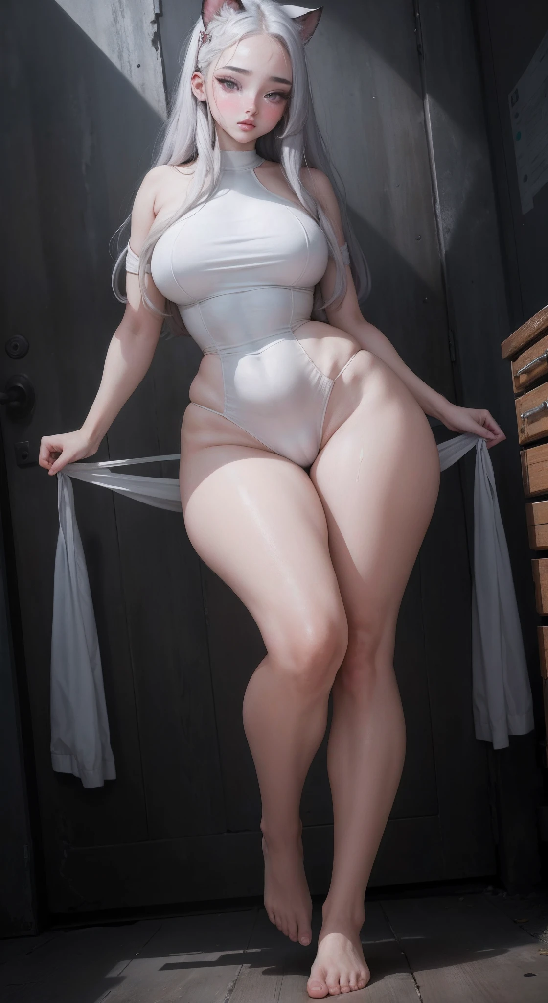 (perfect slim figure:1.2+Beautiful face,Voluptious body:1.3+Brown skin,red pupils,),4K quality,Full body like,Girl standing position,The barefoot,White color hair, (nabel:1.1)、(fatness:0.8), (比基尼:1.1)