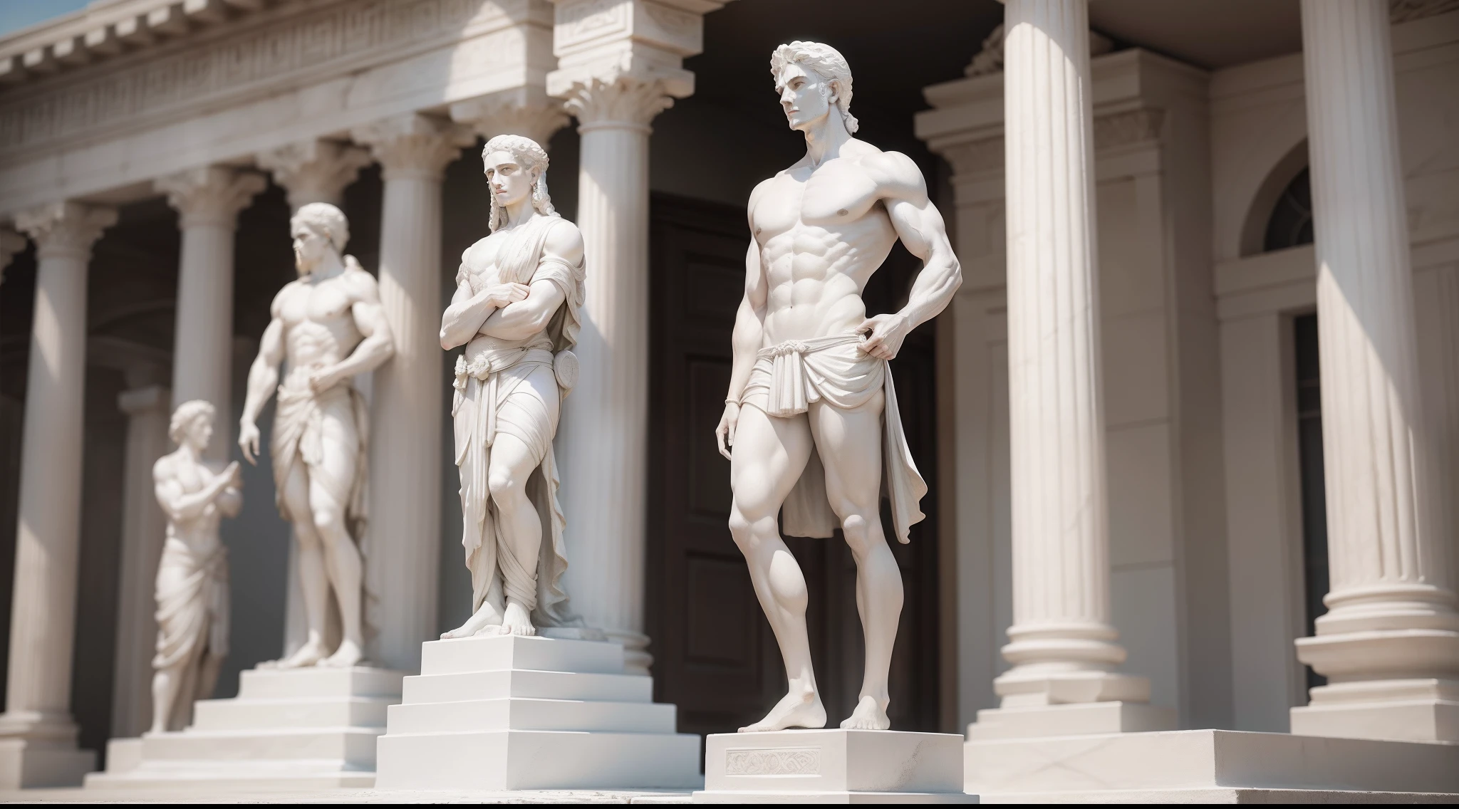 A sculpture，Plaster material，Pure white tones，male people，full bodyesbian，Stand up，Ancient Greek style，short detailed hair