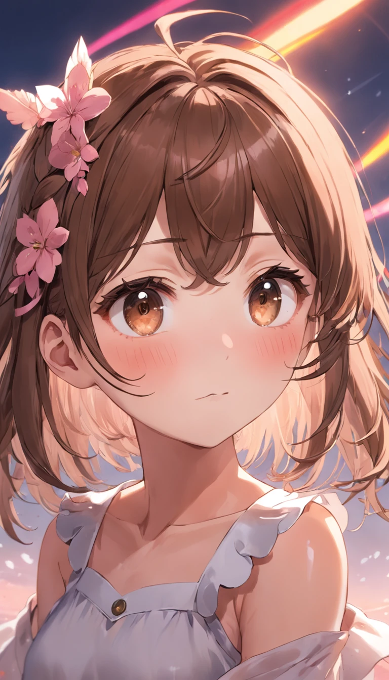 streaked hair, hime cut, bangs, hair strand, comb over, flower on head, mole under eye, gradient eyes, blush, yandere,anime style, god rays, first-person view, textured skin, high quality, 8k, masterpiece, super detail, high details, award winning, best quality, highres,brown hair,with brown eye