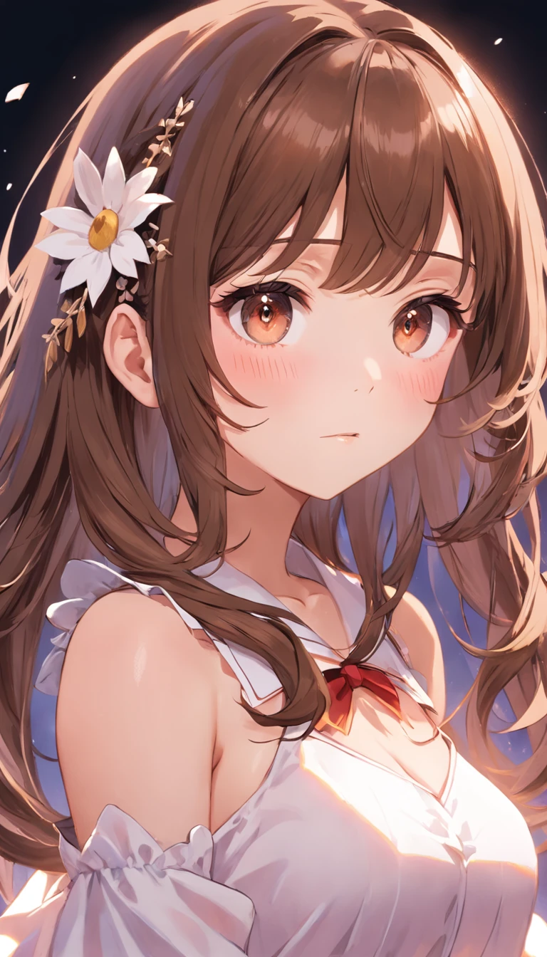 streaked hair, hime cut, bangs, hair strand, comb over, flower on head, mole under eye, gradient eyes, blush, yandere,anime style, god rays, first-person view, textured skin, high quality, 8k, masterpiece, super detail, high details, award winning, best quality, highres,brown hair,with brown eye