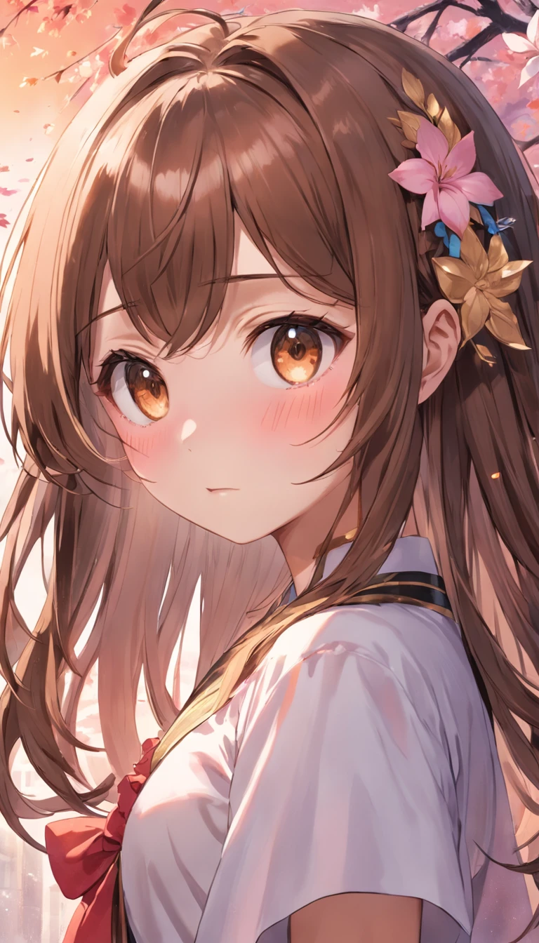 streaked hair, hime cut, bangs, hair strand, comb over, flower on head, mole under eye, gradient eyes, blush, yandere,anime style, god rays, first-person view, textured skin, high quality, 8k, masterpiece, super detail, high details, award winning, best quality, highres,brown hair,with brown eye