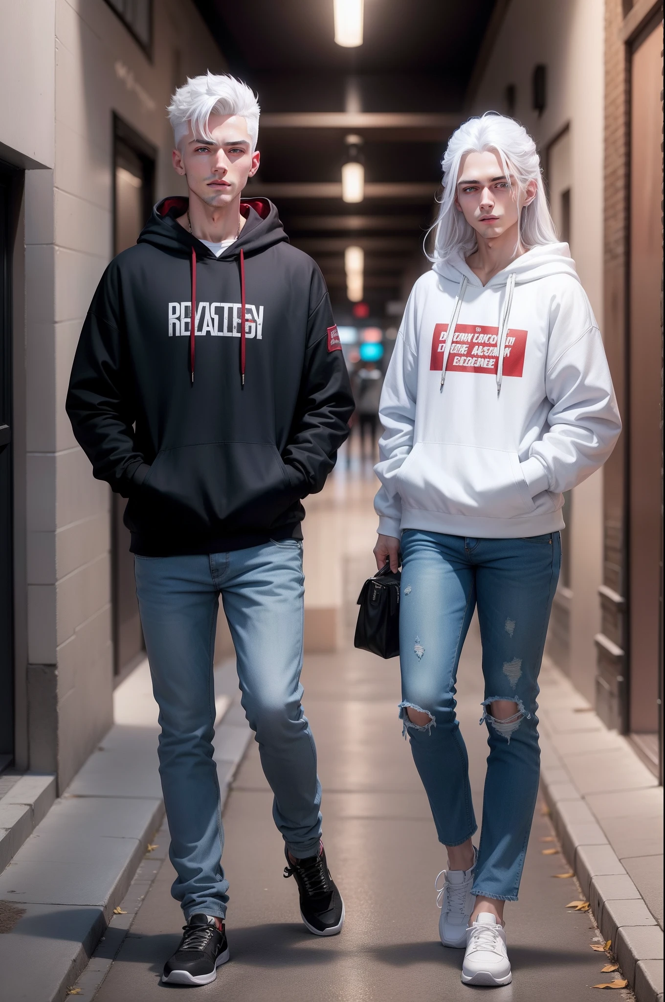 a handsome dashing white hair boy and a hot white hair girl, dazzling blue eyes, wearing black-red hoodie, denim pant, "BRAC UNIVERSITY" written on their hoodie
