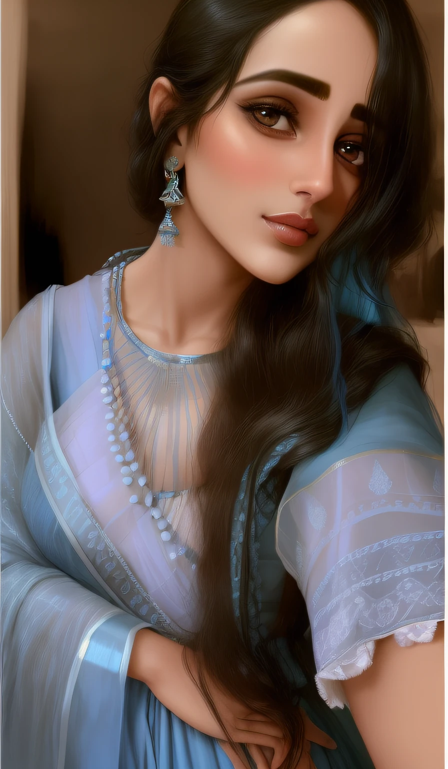 araffe woman in a blue sari posing for a picture, blue colored traditional wear, with lovely look, beautiful image, beautiful, beautiful look, beautiful cute, cute beautiful, very very low quality picture, inspired by Ambreen Butt, candid picture, very extremely beautiful, gorgeous lady, beautiful face!!, pretty face!!, beautiful face!!!!, beuatiful face