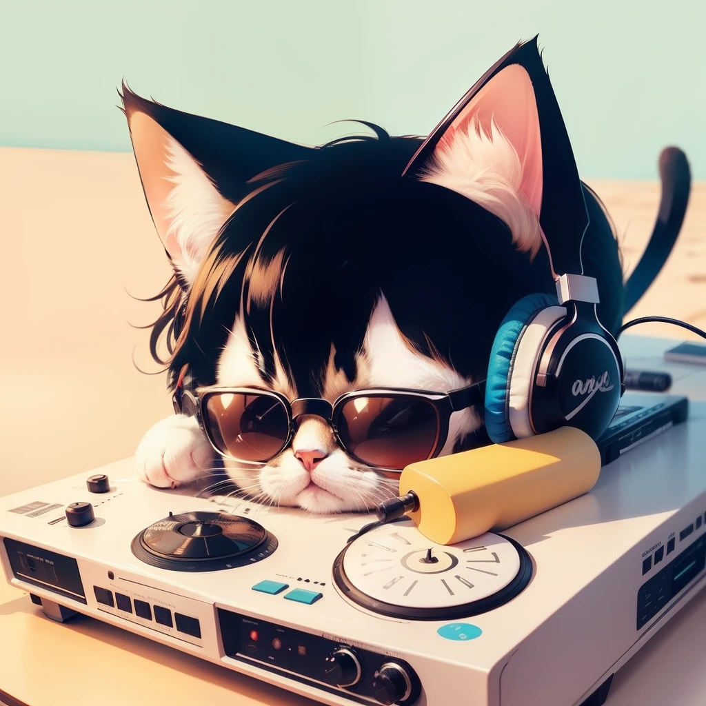 2D Cute Stickers　Cat DJ in glasses and headphones　Tropical juices　Tropical Beach　Retro Classic　simple line art