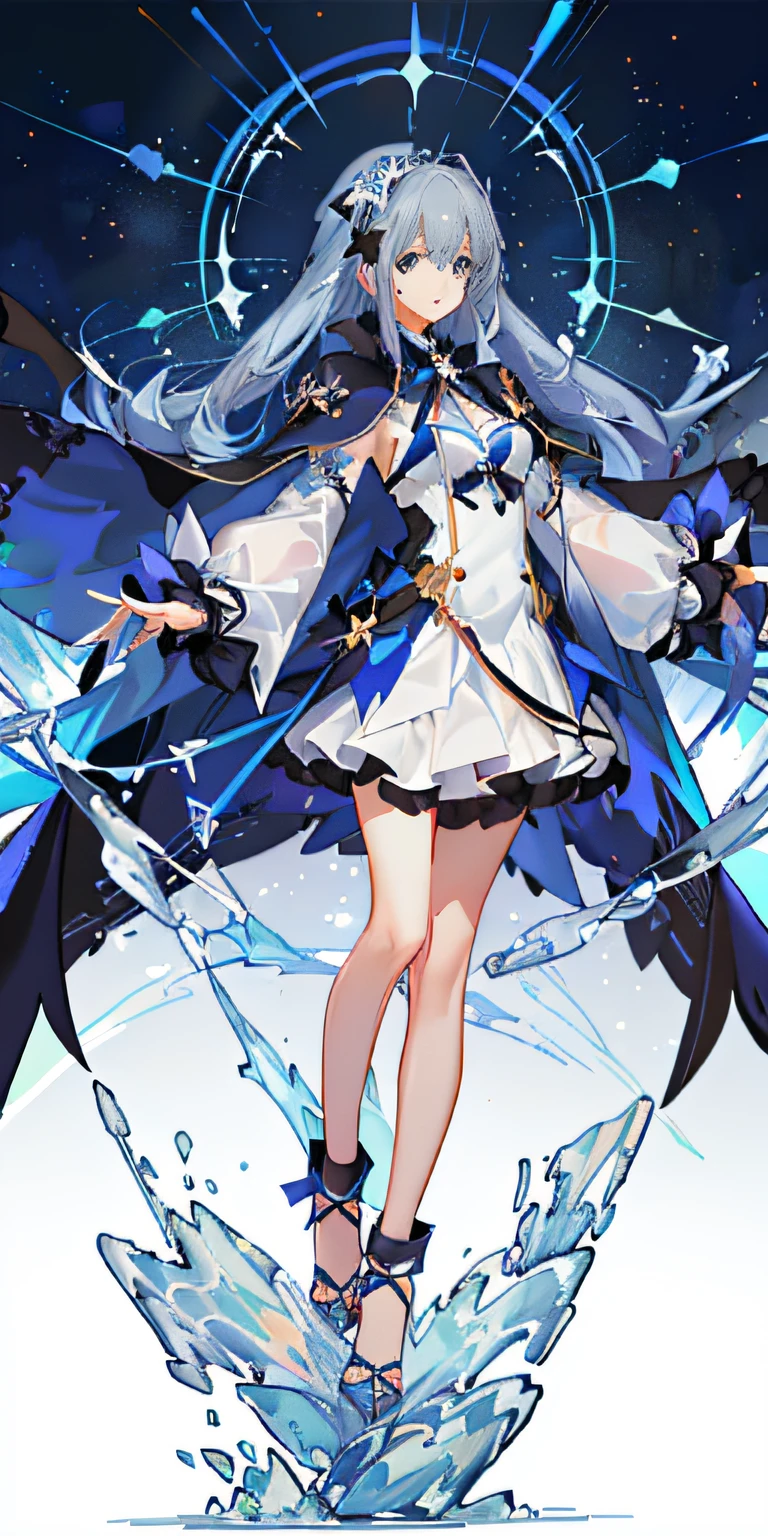 (the golden ratio:1.2),(Blue rose:1.2),[(White background:1.4)::10],(full bodyesbian:1.2),(ultradetailed:1.3),(:1.6)(mizore:1.2),(Long light blue hair),(hair accessory with blue rose),(Star sapphire hair accessories:1.0),(（Long blue dress:1.0)+(Dark cape coat:1.3)+(Fluttering blue tassels and ribbons:1.2 )(eBlue eyes:1.3)（Divinity）（apathy）（become indifferent）