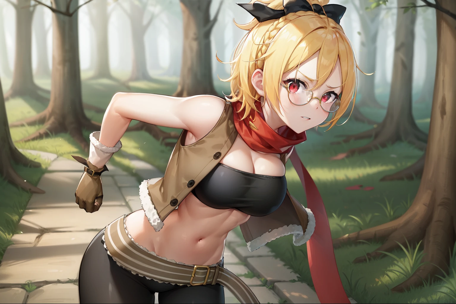 best quality, 4k, ((masterpiece)), extremely detailed, 8k, trending on ArtStation, Intricate, High Detail, Sharp focus,detailed background,(forest:1.4),
1girl, solo, scarf, navel, bow, blonde hair, red eyes, hair bow, red scarf, braid, short hair, belt, bandeau, small breasts,( running:1.2), looking at viewer, (smug:1.0), midriff, (cowboy shot:1.1),parted lips,blonde hair,black bow,,asymmetrical clothes, gloves,brown gloves, torn legwear, (((glasses))), (((big breast))), (((tall)))