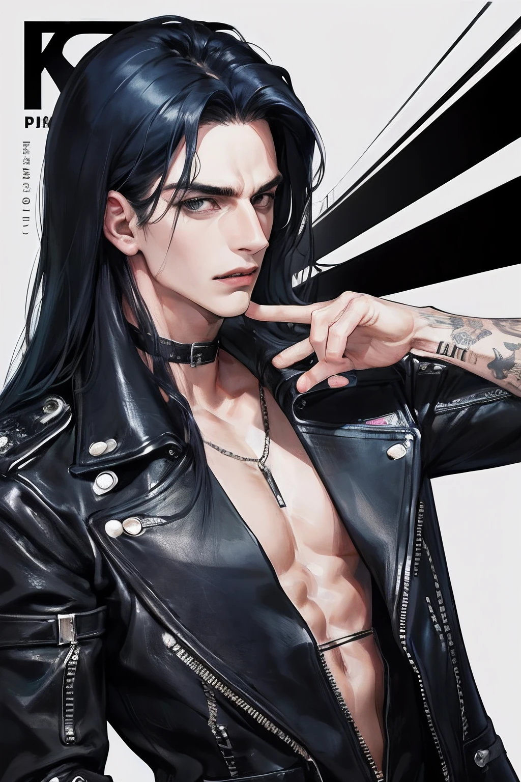 A young white male, punk rock style, long black hair, green eyes, piercings, goth, eyeliner