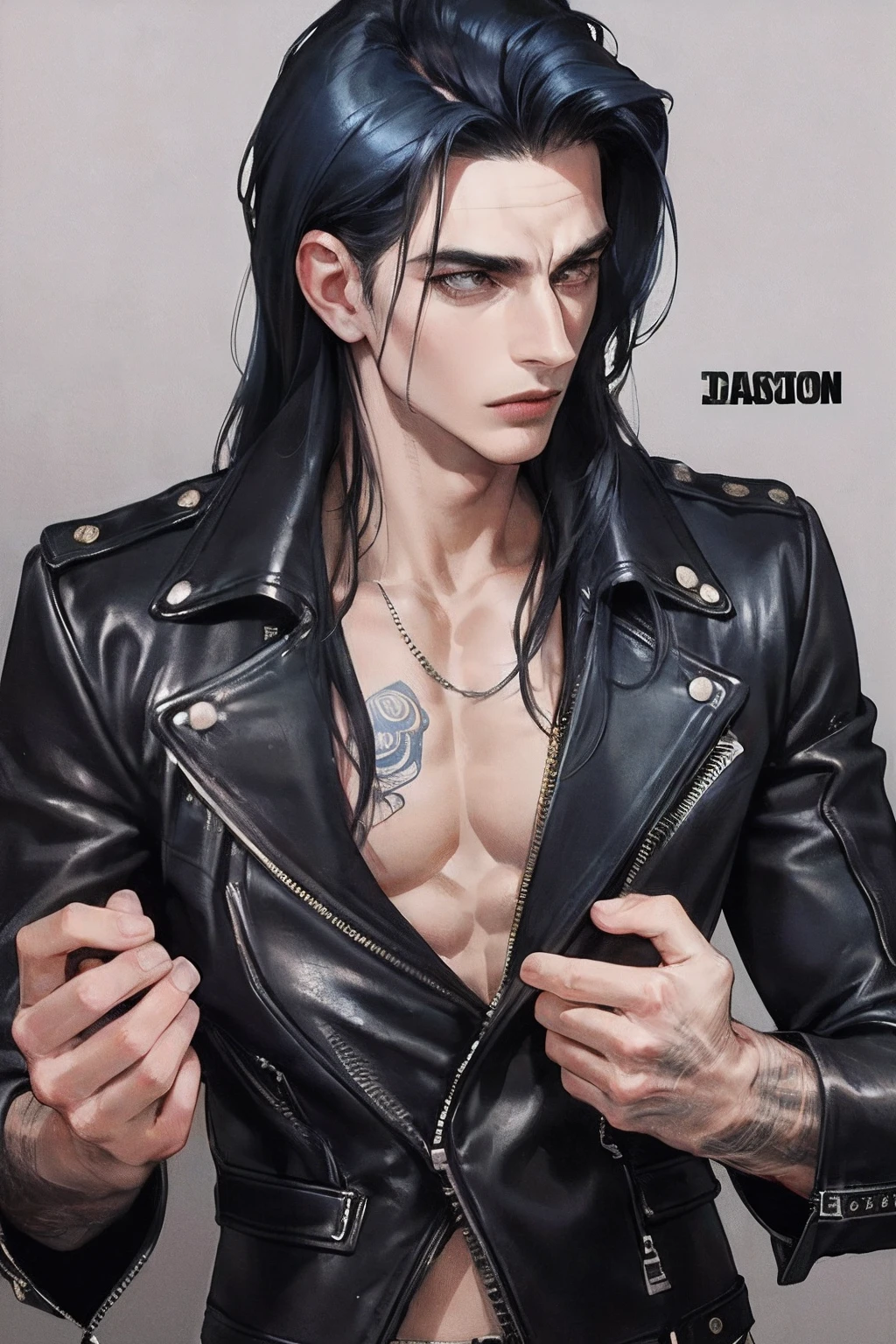 cover for a book, photography of a heavy metal star, a solo man, (((man))), (masculine face), 25 years old, singer, bad boy, (black eyes), expressive look, long dark blue black hair, (((bar background))), straight hair, blueshine hair, unshaven, black leather jacket, long sleve jacket, leather pants, chest tattoo, super detailed face, perfect body, perfect shapes, realistic image, award winning photography, 8k,