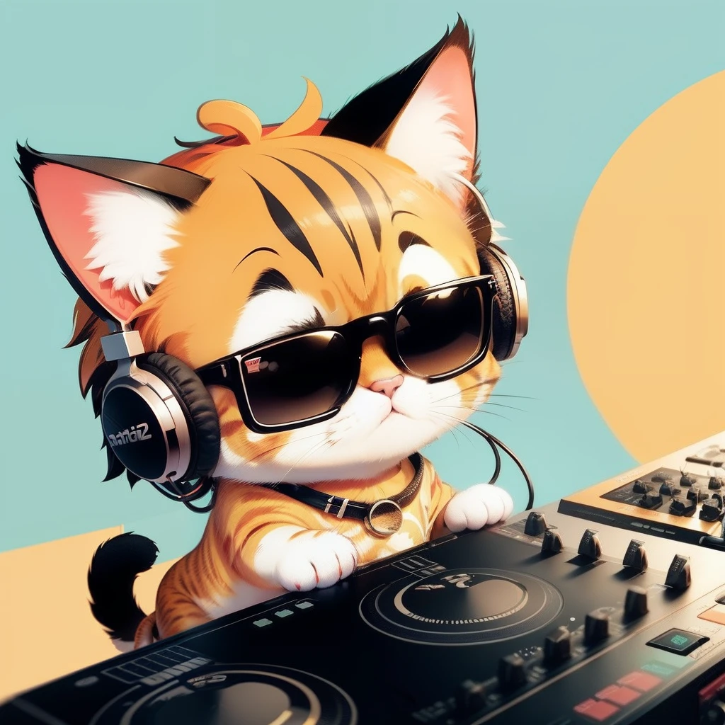 2D Cute Stickers Cat DJ in glasses and headphones Tropical juices Tropical Beach Retro Classic simple line art