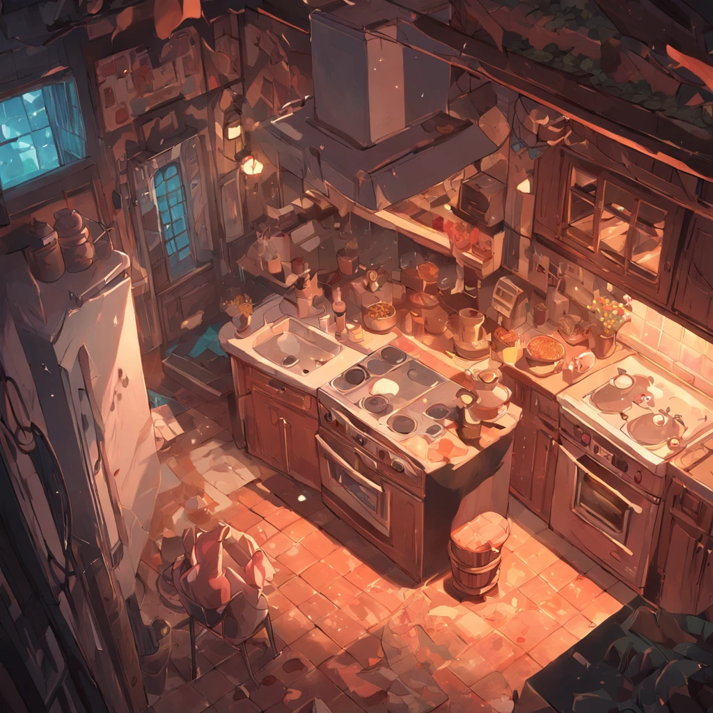 Isometric rendering of game art in the kitchen of a horror village house at dusk