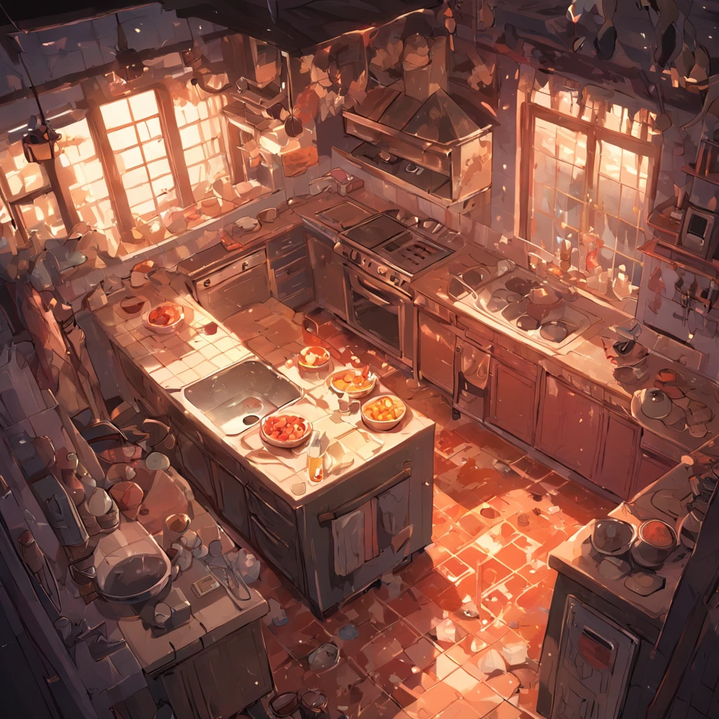 Isometric rendering of game art in the kitchen of a horror village house at dusk