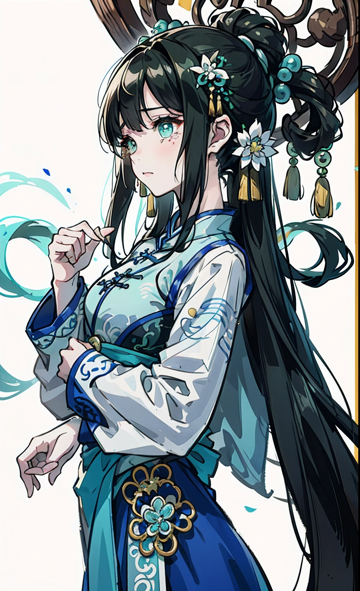 A 15-year-old girl with rich emotions,greyt hair、Green eyes,Wearing a blue and white cheongsam dress,Hair ornaments jasper、Chinese knot at the waist,Has a natural cute character,gentleness、meticuloso,There is the tenderness of shedding tears for others,There is also the strength to never give up despite setbacks