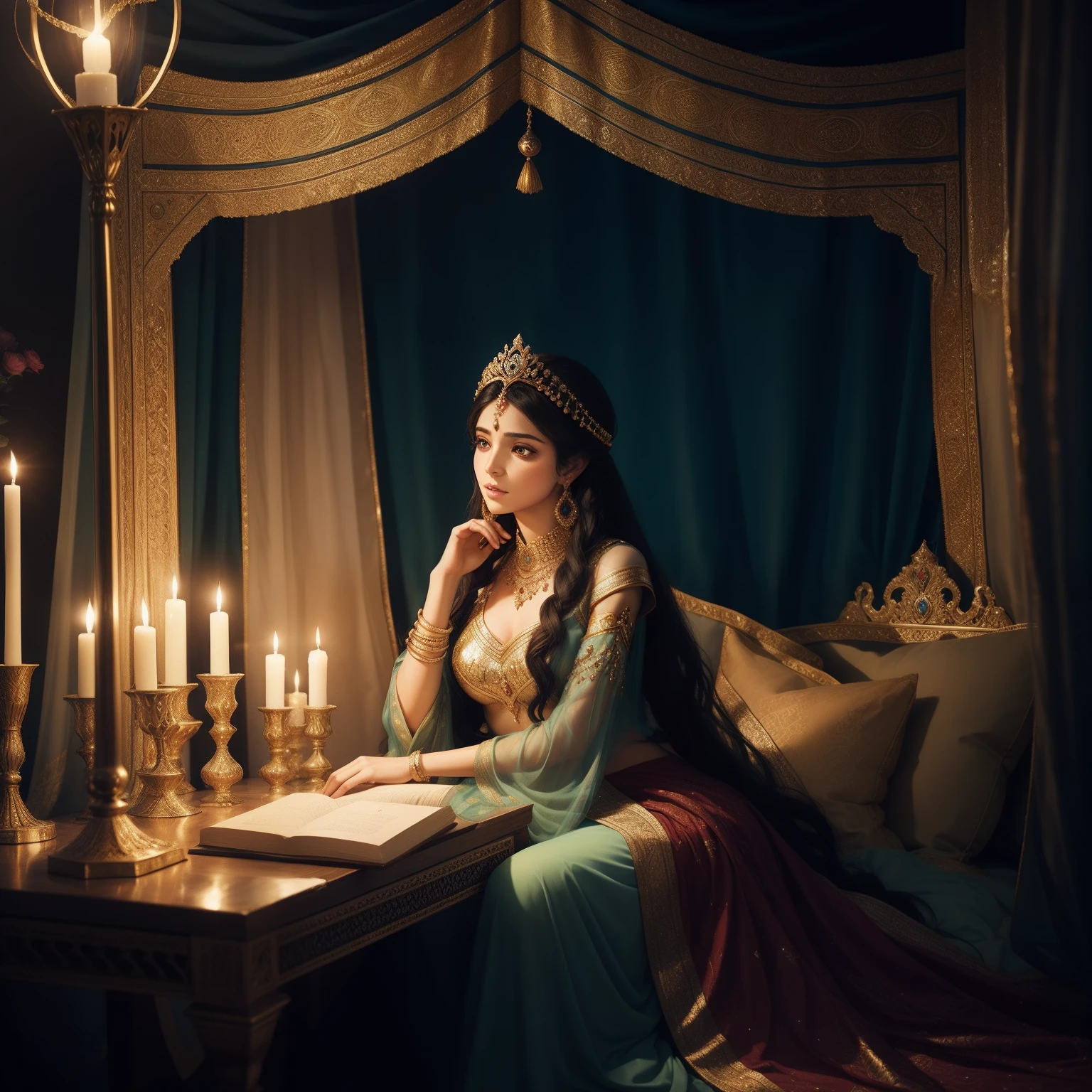 Sheherazade's stories captivate the King, her words creating a surreal, dream-like atmosphere.