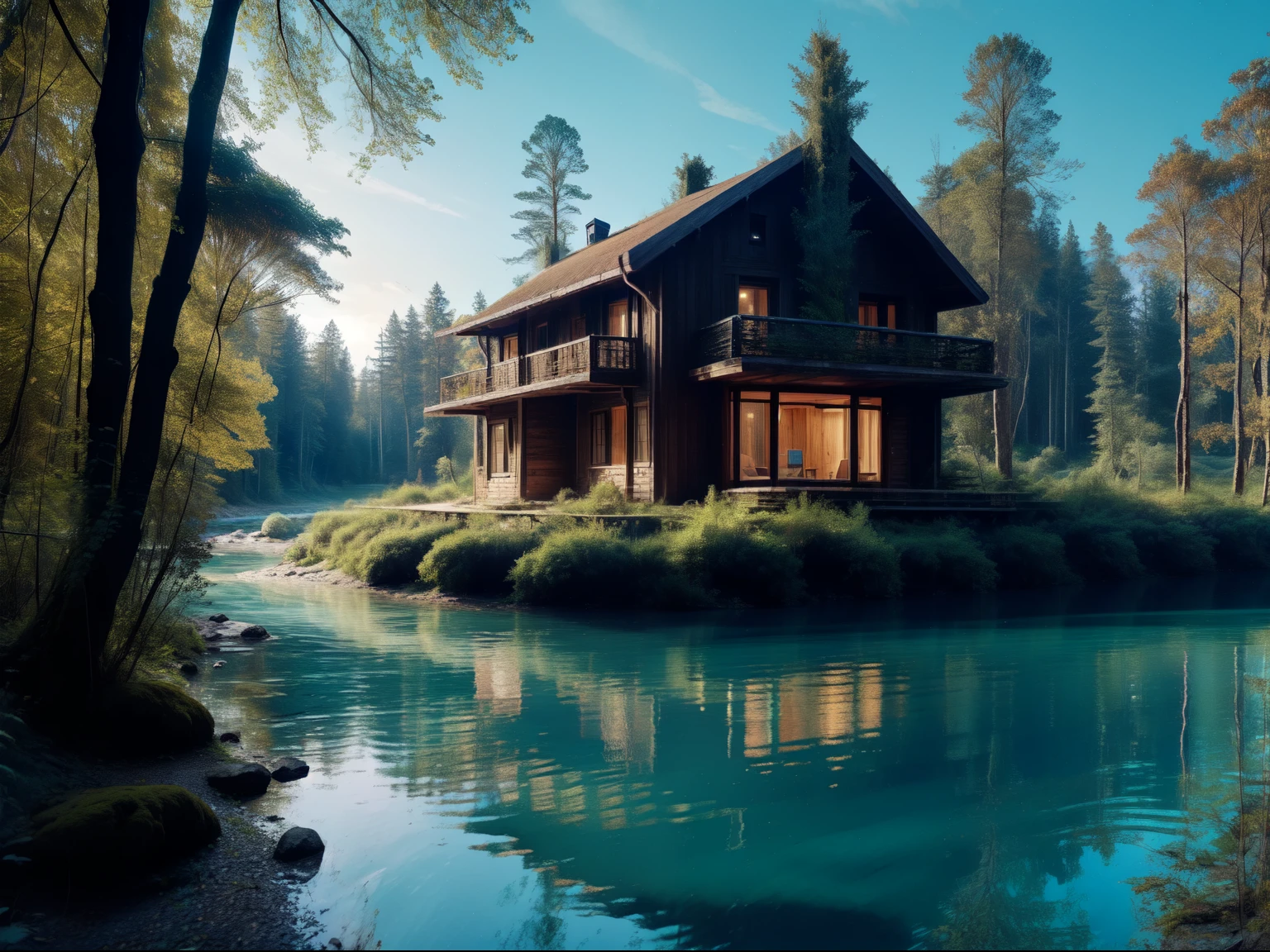 A house in the middle of the forest, a big tree, a river beside the house, clear water