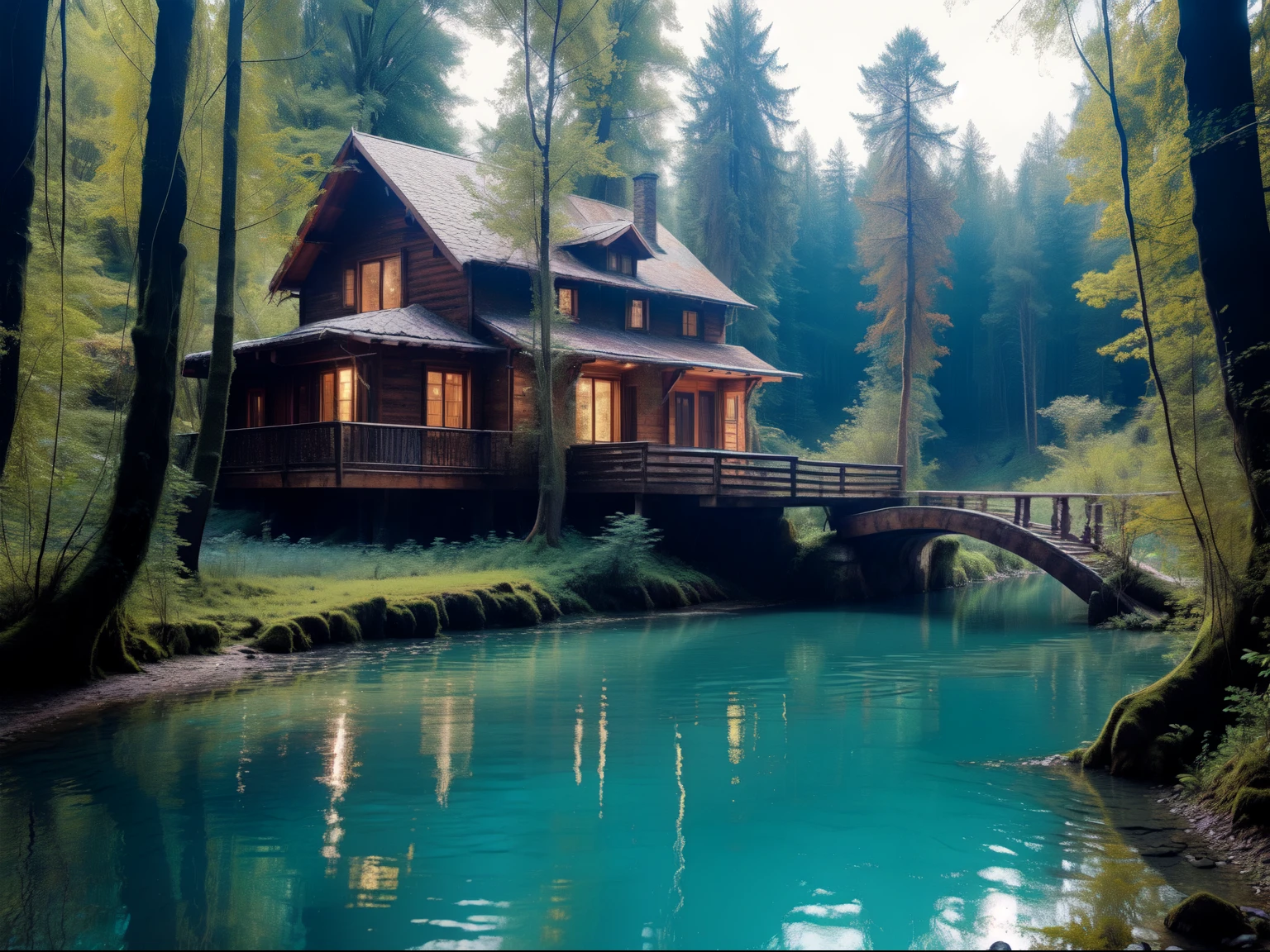 A house in the middle of the forest, a big tree, a river beside the house, clear water