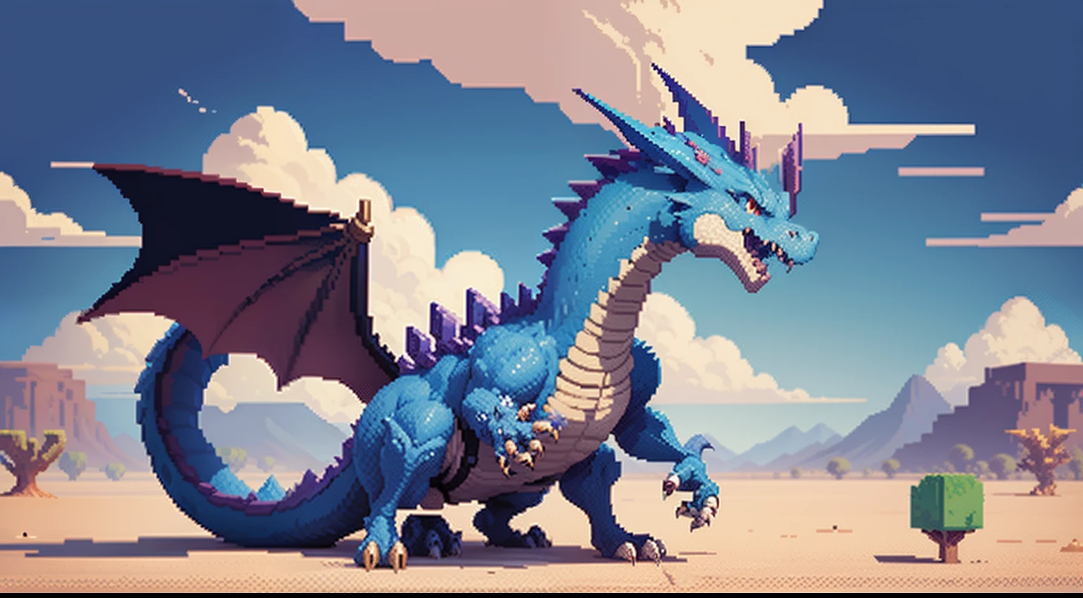 Pixel image of a dragon, A desert，blue-sky，baiyun，depth of fields，Dragon pixel art, 1 0 0 0 x 1 0 0 0 pixel art, pixel art sprite, videogame sprite, high quality pixel art, Pixel art vintage Digimon bitmap, For red and blue Digimon，Pixel uh, 32-bit pixel art, vintage art, pixel art 8 - bit, pixelart style