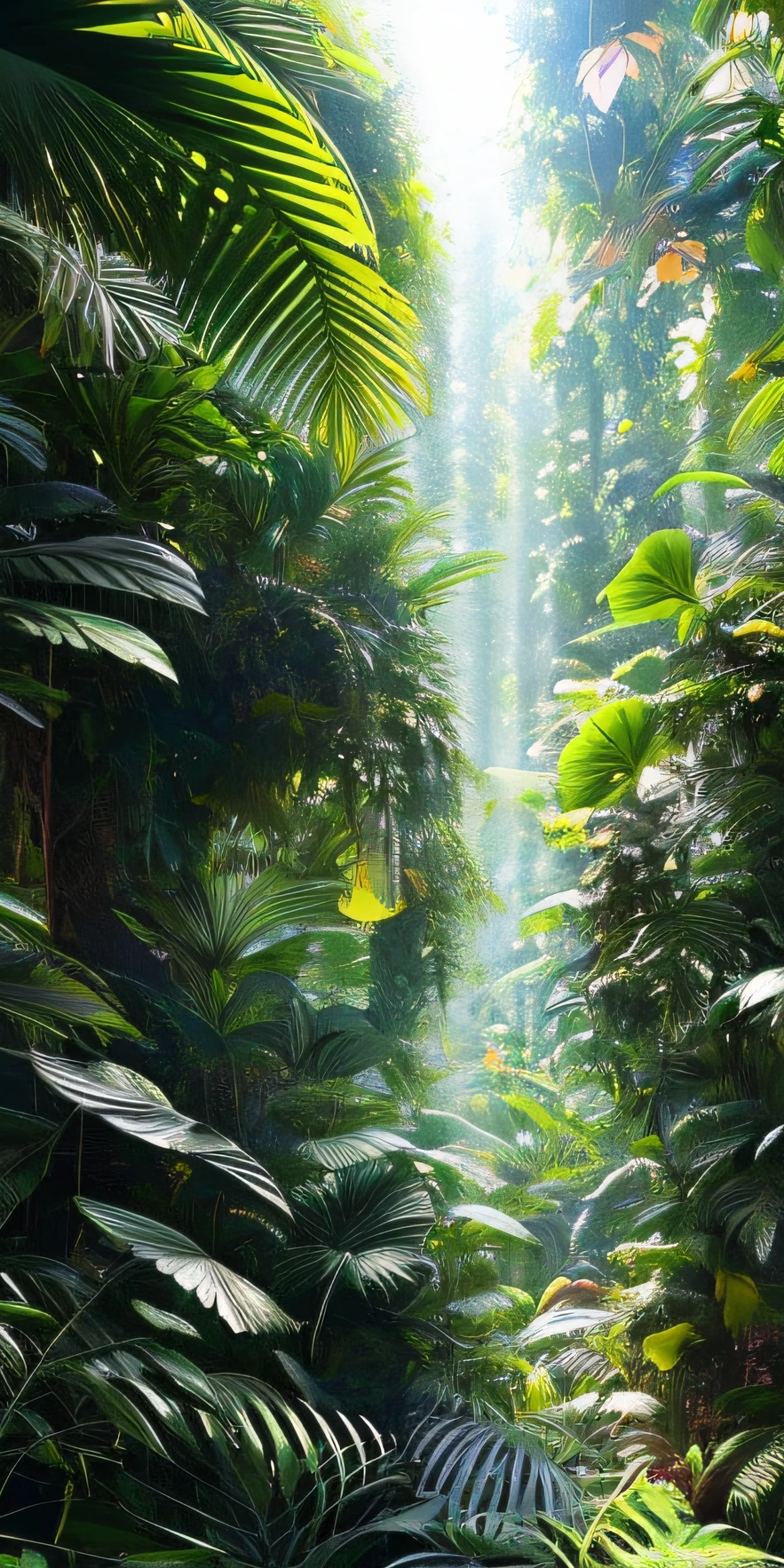 Digital illustration, Detailed and intricate, The dense jungle is full of exotic plants and animals, Sunlight shines through the canopy,Produces a mottled effect. In the style of Yoshitaka Amano and Hayao Miyazaki, Masterpiece, Proportional, Detailed, trending on artstationh, Beautiful lighting, Realistic, Intricate, Award-Awarded, 4K, Highest quality
