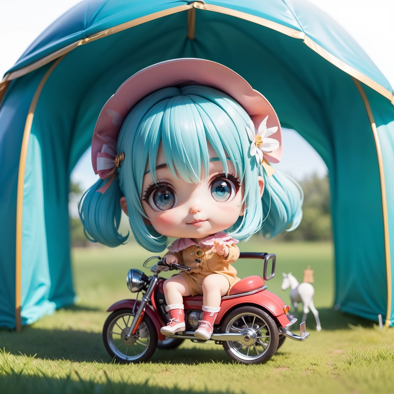 Cute  Chibi Anime,（（（Super masterpiece、top-quality、ultra-detailliert、1 girl in、Chibi：1.5）））、outside of house、(ride on the horse:1.3)、(ride horse🏇🏇🏇:1.2)、The best smile、Looking at the camera、A detailed face、highdetailskin、Aqua Blue Sauvage Hair、Ranch in fairytale land（Chibi：1.4）