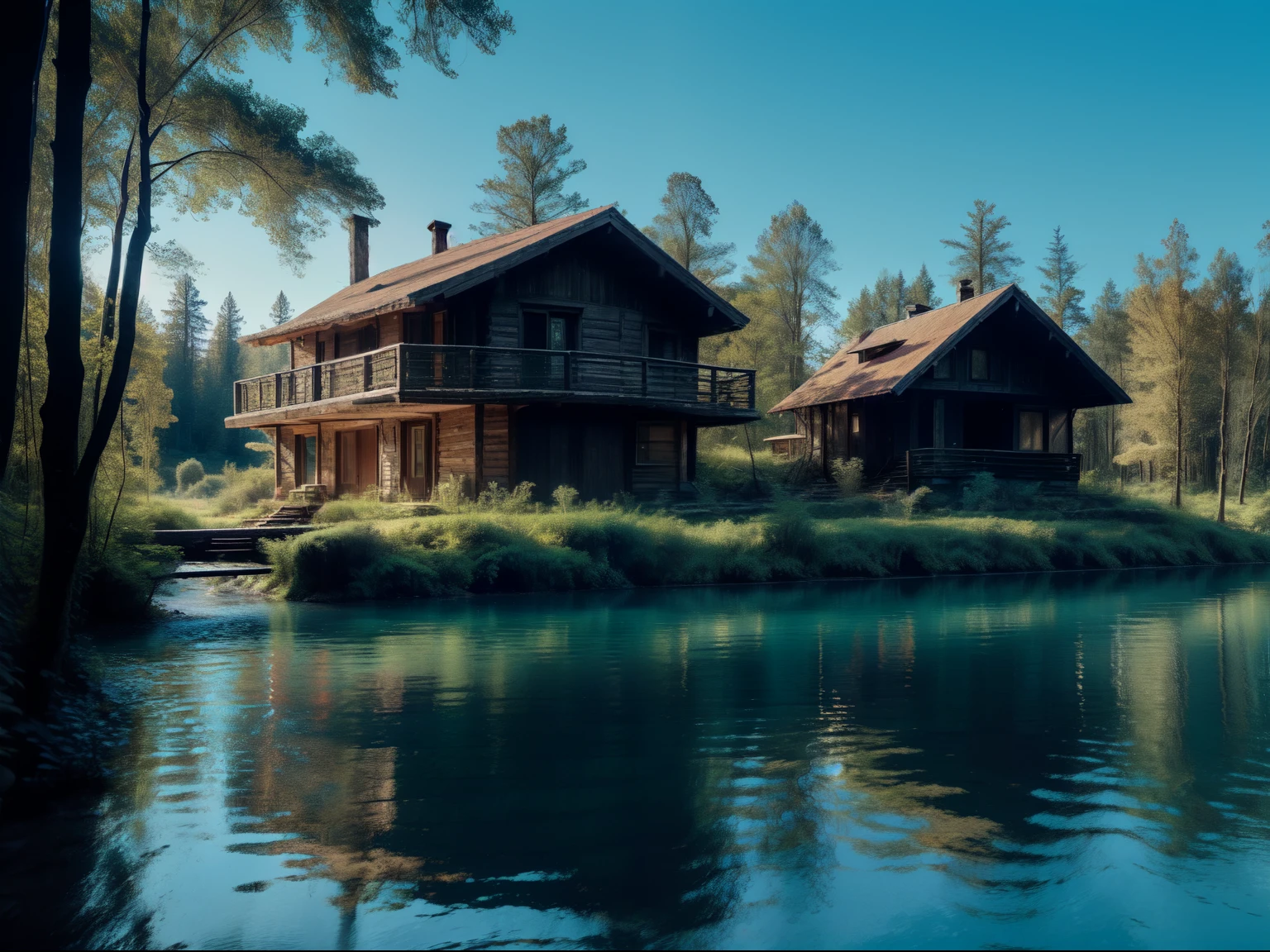 A house in the middle of the forest, a big tree, a river beside the house, clear water