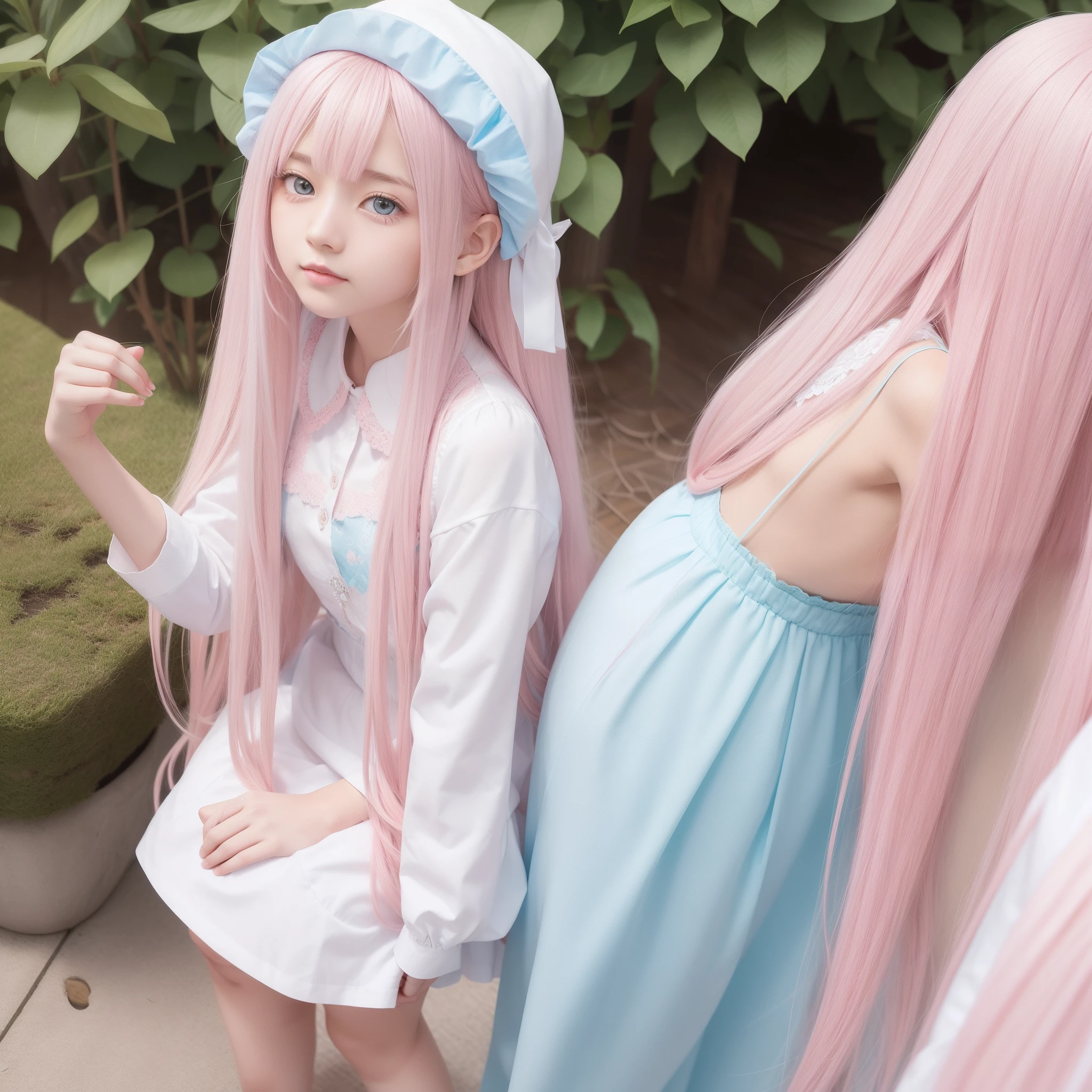 Long hair with light pink and white,Blue, White and pink clothes,She is a cute and cute girl,Transfer sister,It looks very light and gentle