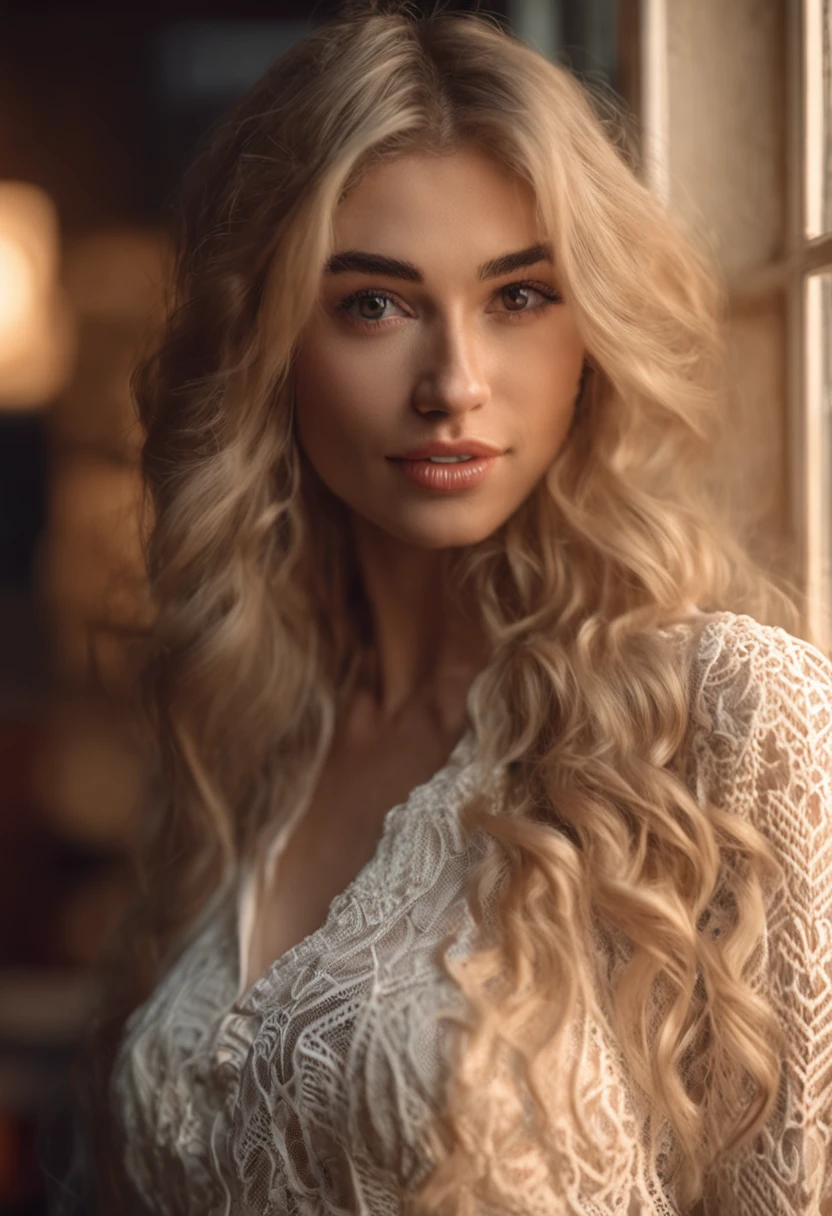 professional, (4k photo:1.1) by (Jeremy Lipking:0.3), (Dittmann Anna:0.3), (Arian Mark:0.3), (Sharp focus:1.3), high detail, wearing (tight shirt:1.2), beautiful detailed face, hazel eyes, long blonde hair, (attractive young woman:1.3), (seductive:1.1), (blushing:1.1), hourglass body shape, big round breasts, wide hips, on cafe