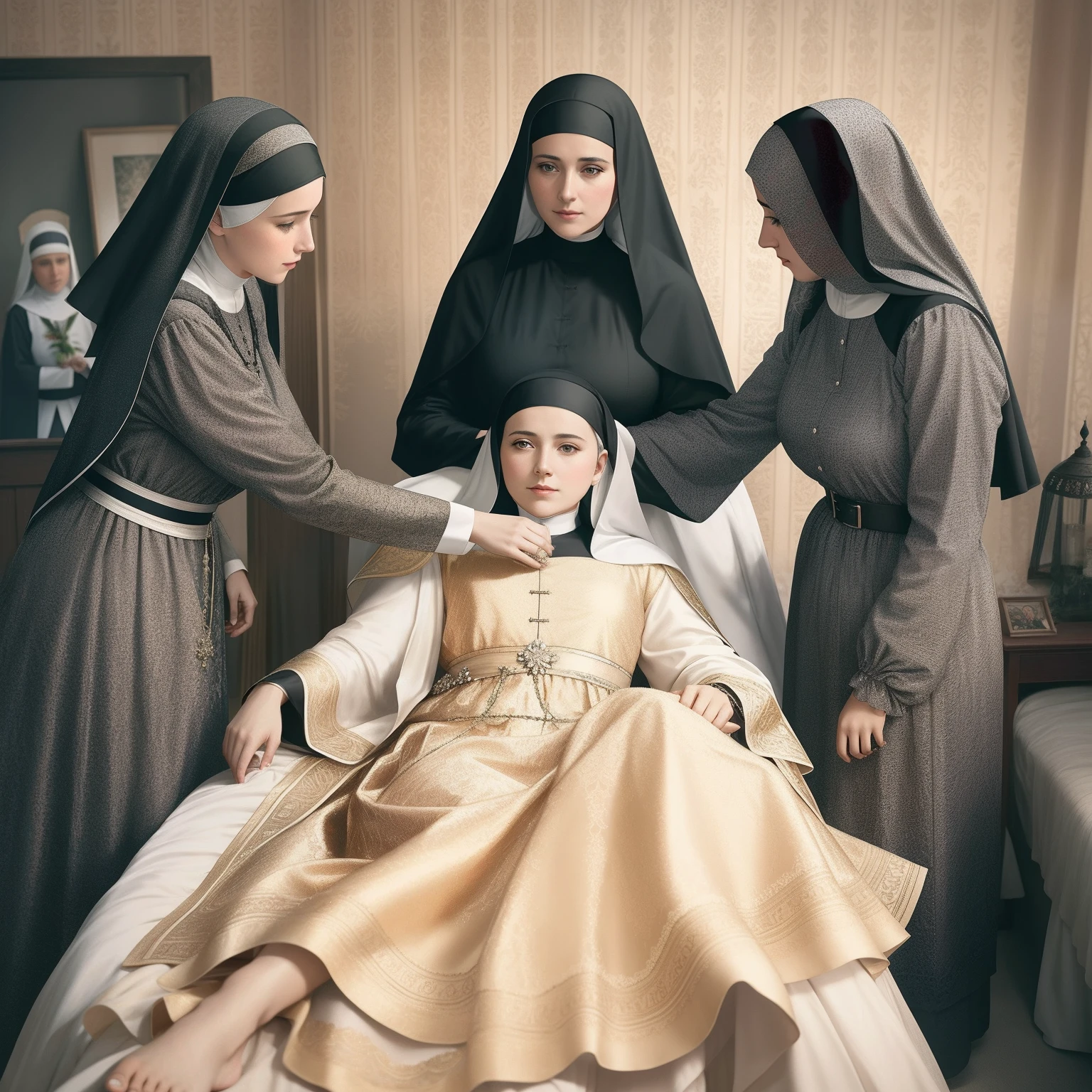 Three women in nun's dresses stand around a young woman on a bed, fim ainda, ainda do filme, promocional ainda grande angular, ainda do filme, ainda de um filme, Sergey Zabelin, Alexandra Fomina, film still image, um filme ainda,era vitoriana, foto realista perfeita, imagem realista de 1903, Vitoriano