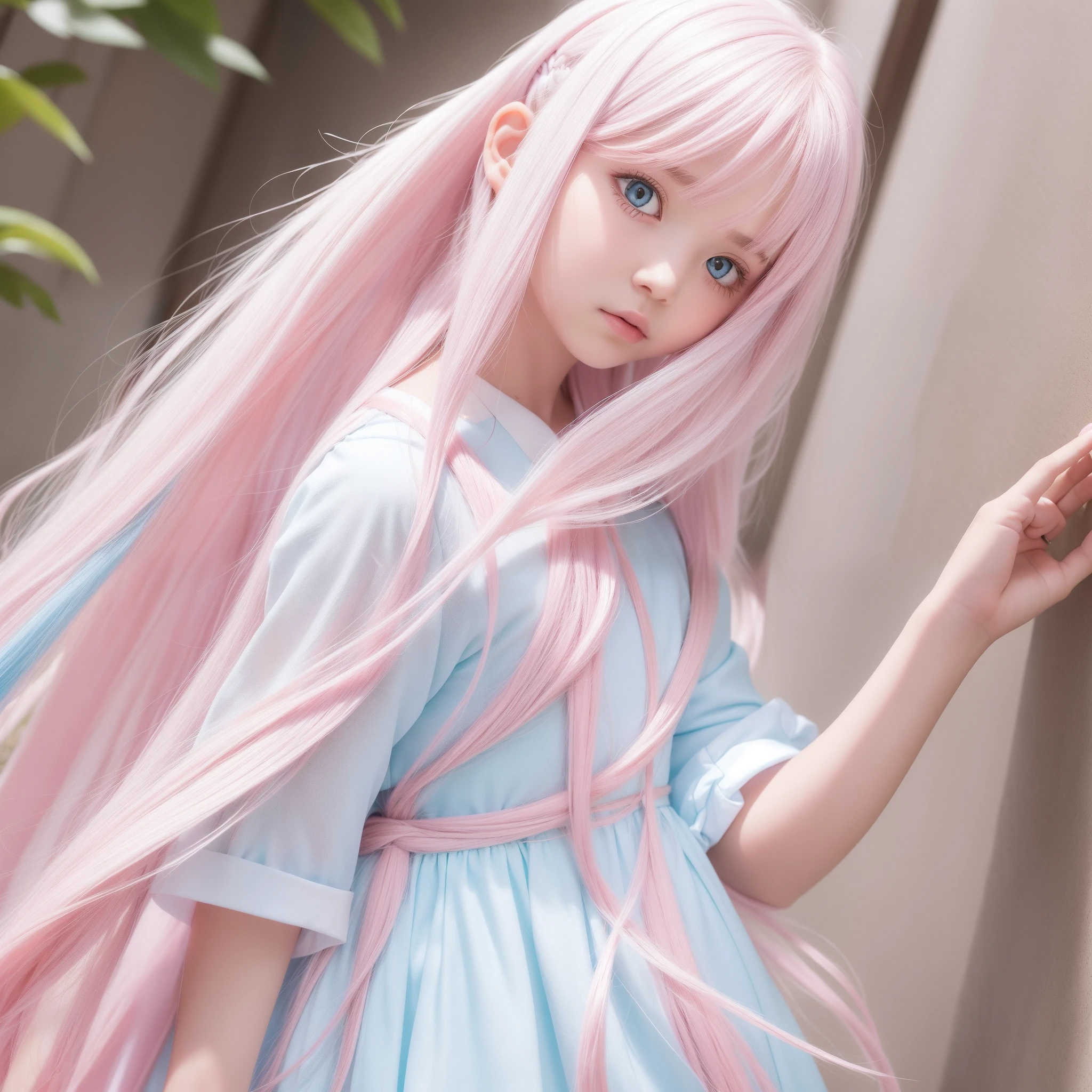 white clothes,White-colored skin,Pink Long Hair,red color eyes,Look up at the sky,s girl,The upper part of the body,tmasterpiece,realisticlying,The details are clear