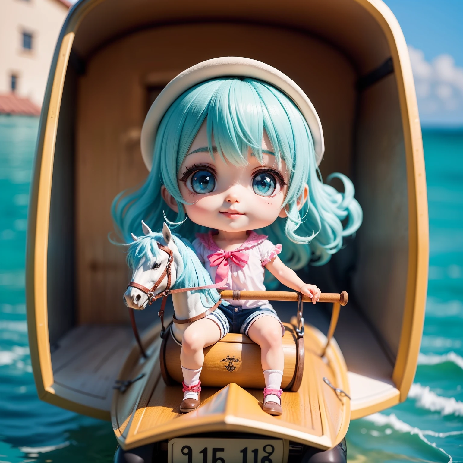 Cute Baby Chibi Anime,(((Super masterpiece、top-quality、ultra-detailliert、1 girl in、Chibi:1.5)))、outside of house、(ride on the horse:1.3)、(ride horse🏇🏇🏇:1.2)、The best smile、Looking at the camera、A detailed face、highdetailskin、Aqua Blue Sauvage Hair、Ranch in fairytale land(Chibi:1.4)