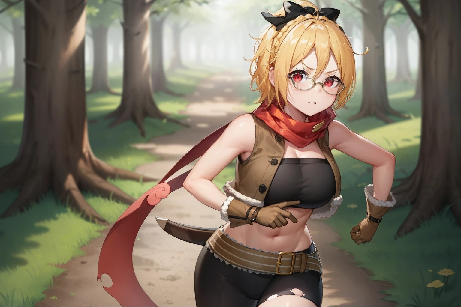 best quality, 4k, ((masterpiece)), extremely detailed, 8k, trending on ArtStation, Intricate, High Detail, Sharp focus,detailed background,(forest:1.4),
1girl, solo, scarf, navel, bow, blonde hair, red eyes, hair bow, red scarf, braid, short hair, belt, bandeau, small breasts,( running:1.2), looking at viewer, (smug:1.0), midriff, (cowboy shot:1.1),parted lips,blonde hair,black bow,,asymmetrical clothes, gloves,brown gloves, torn legwear, (((glasses))), (((big breast))), (((tall)))