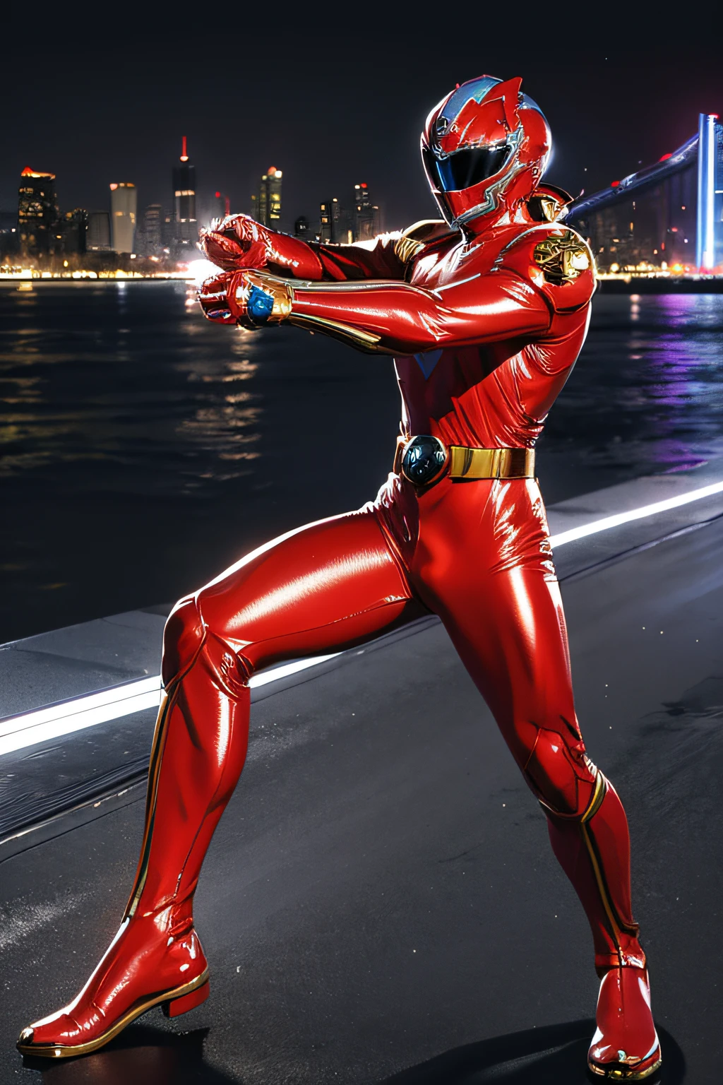 masutepiece, Super Detail, Best Quality, hight resolution, reflective light, ((Anatomically correct)), power ranger, 独奏, (Very shiny helmet and suit), The visor of the helmet glows, fighting poses, jumpping, Highkick, Spinning kick, ((Big city at night on wet background))