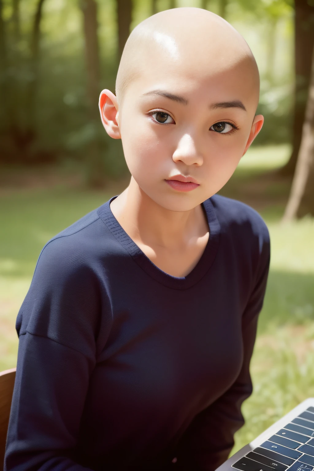 1 girl, woman, 18 years old, Asian girl, portrait face and a perfect oval face, realistic face, realistic eyes, closed mouth, side lighting, desktop wallpaper, looking at viewer, enchanted forest in the background, diffuse back -shot, outside, (((bald girl))), looks at the viewer in the face,