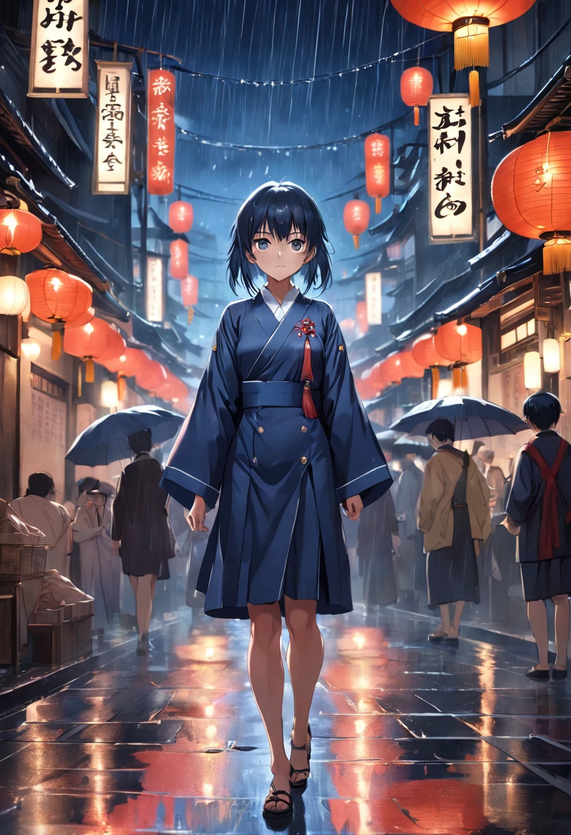 raining night,city,A beautiful woman wearing school uniform on the bustling streets of Gintama, surrounded by vendors, beautiful portrait of a stunning goddess girl, beautiful detailed face, porcelain skin, full body shot, centered, ultra soft lighting, dim lighting,dim lanterns,symmetry, intricate, elegant, highly detailed, photorealistic, artstation, concept art, smooth, as imagined by greg rutkowski and borris vallejo, cover, vogue style