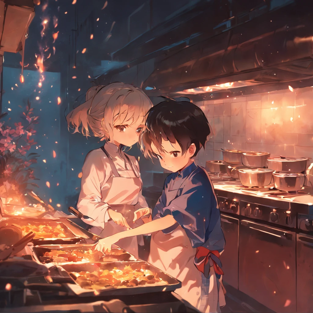 Little boy cooks with his mother at dusk